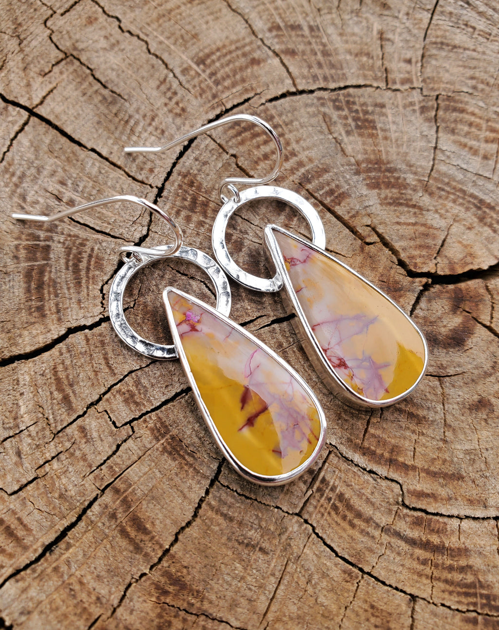 Imperial Jasper Yellow and Red Teardrop Dangle Earrings in Solid Sterling Silver