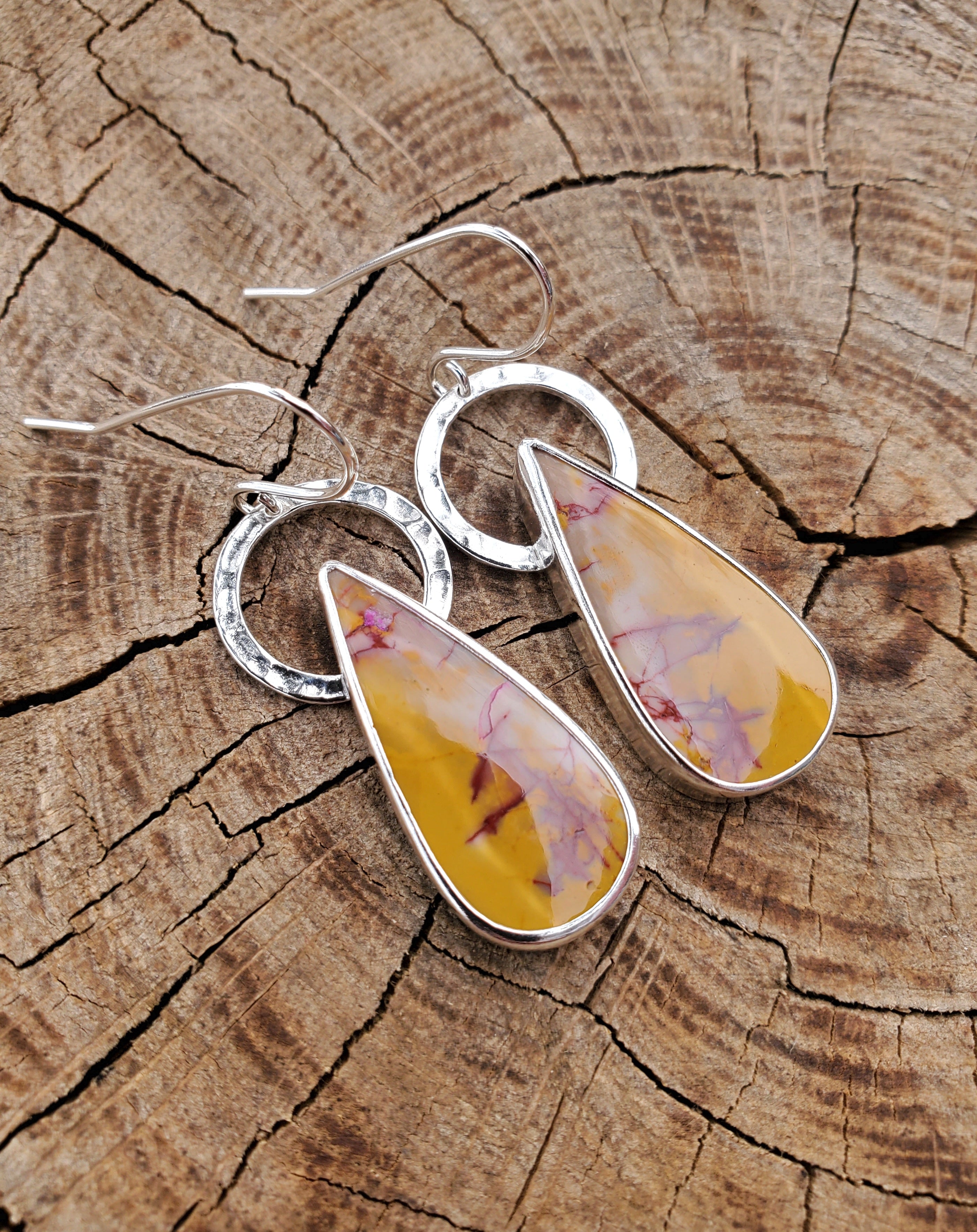 Imperial Jasper Yellow and Red Teardrop Dangle Earrings in Solid Sterling Silver