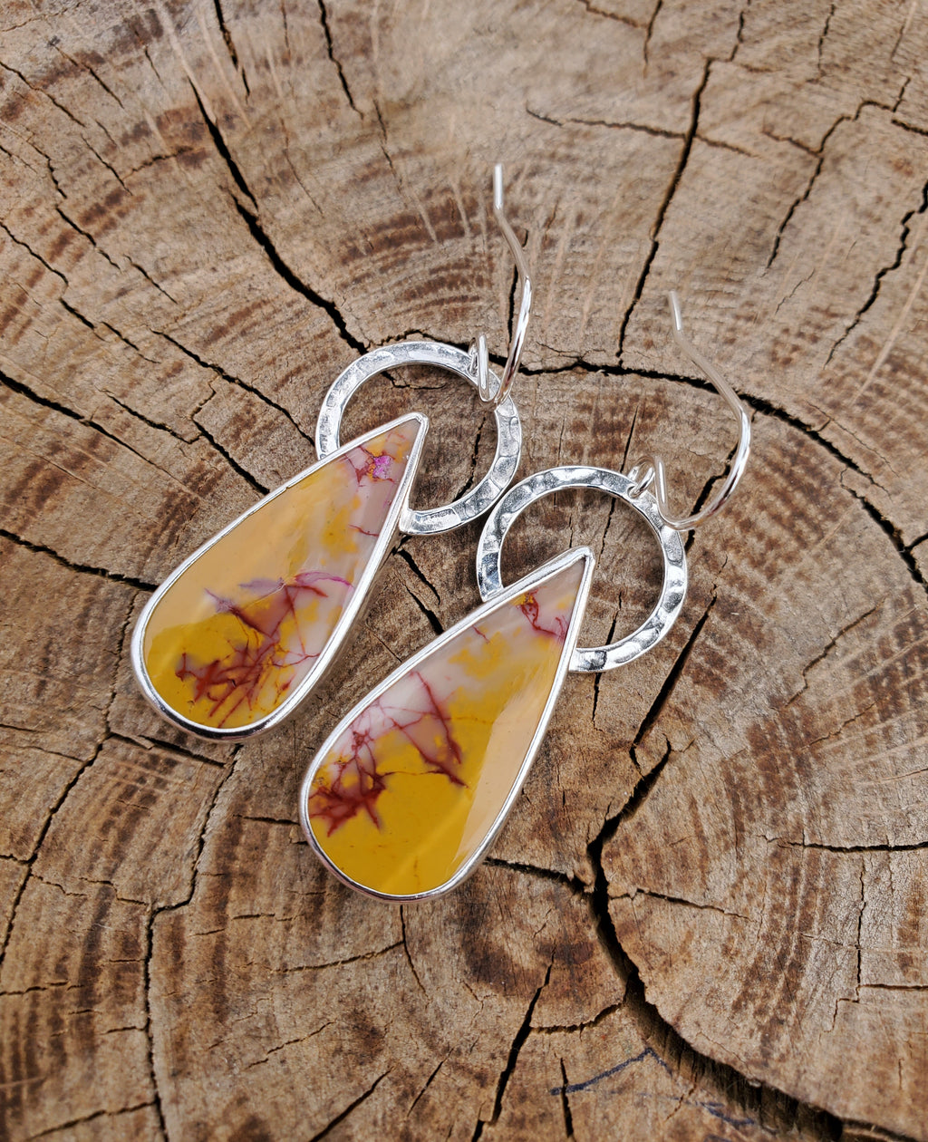Imperial Jasper Yellow and Red Teardrop Dangle Earrings in Solid Sterling Silver
