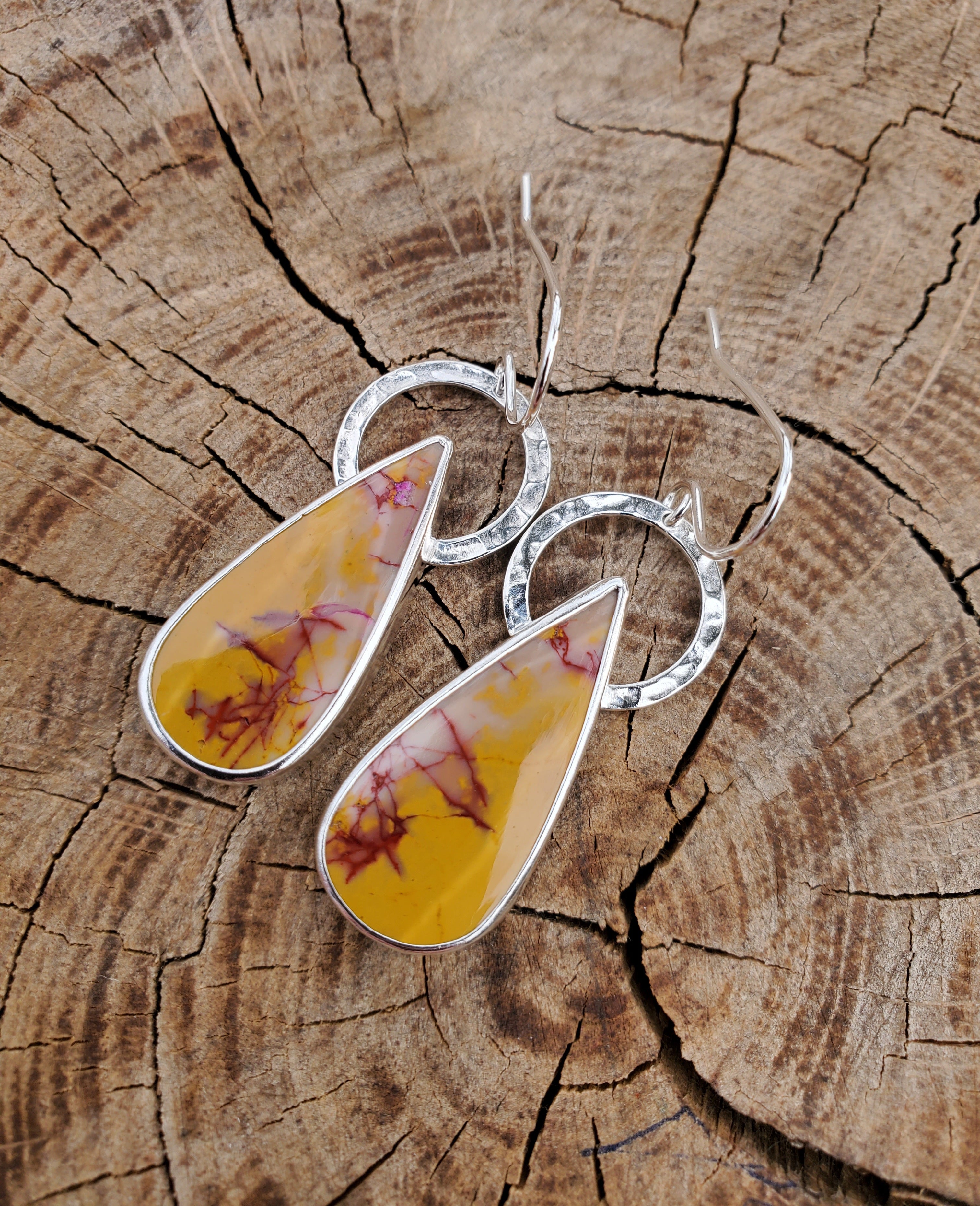 Imperial Jasper Yellow and Red Teardrop Dangle Earrings in Solid Sterling Silver