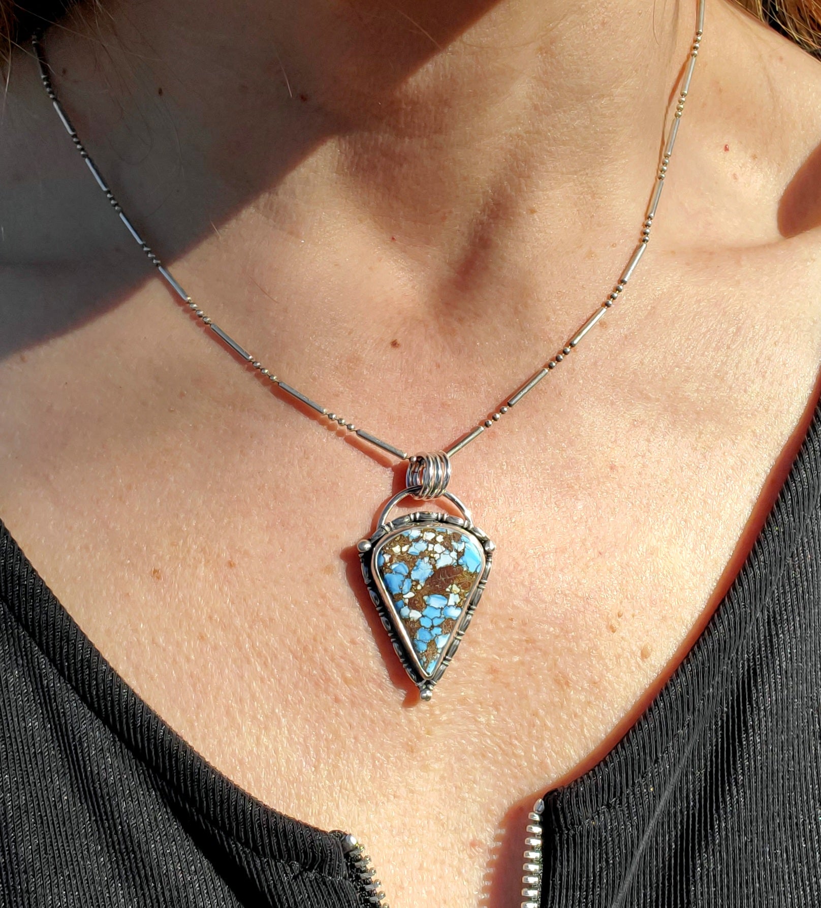 Golden Hills Turquoise Large Detailed Pendant Necklace in Solid Sterling Silver