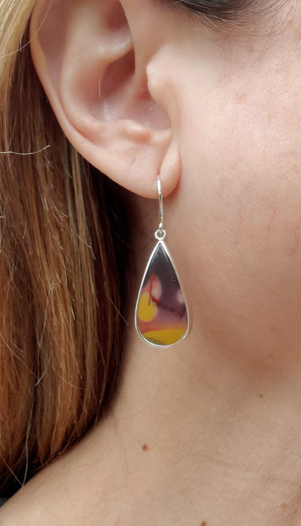 Australian Mookaite Multicolored Dangle Drop Earrings in Solid Sterling Silver