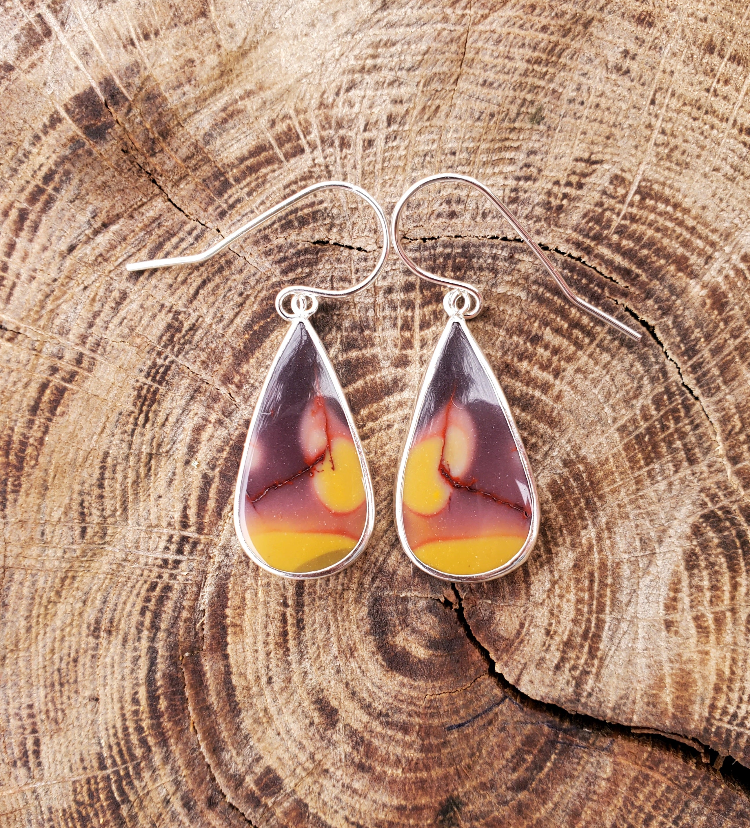 Australian Mookaite Multicolored Dangle Drop Earrings in Solid Sterling Silver