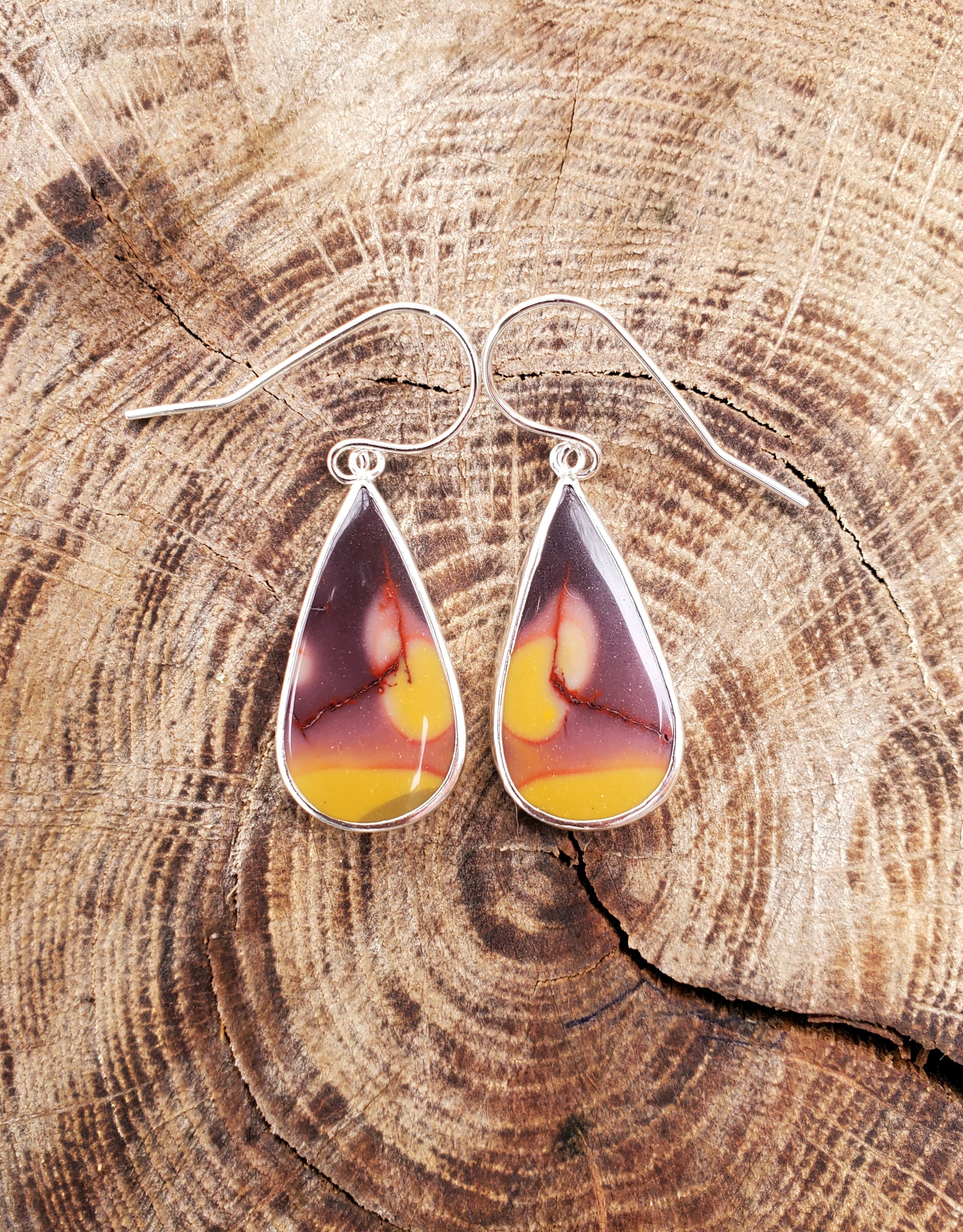 Australian Mookaite Multicolored Dangle Drop Earrings in Solid Sterling Silver