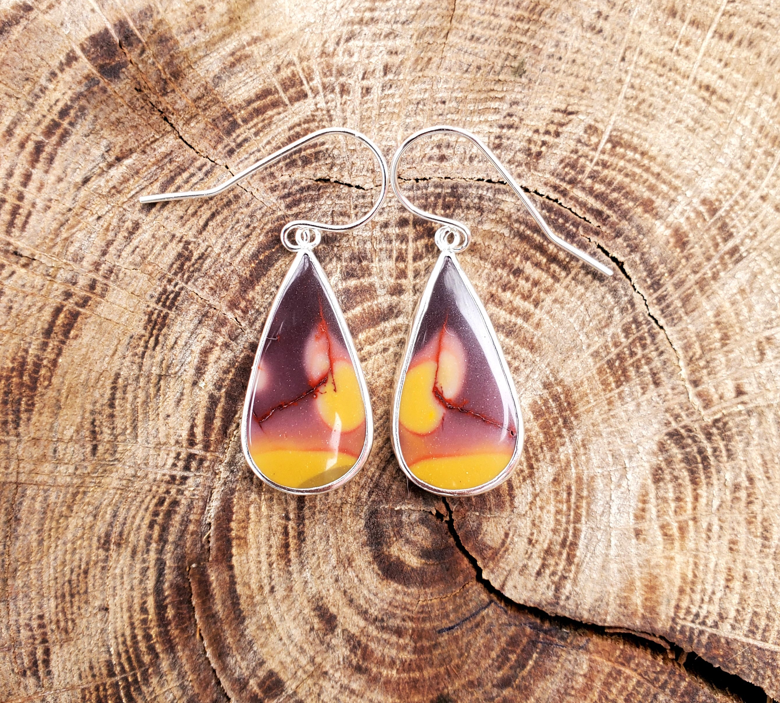 Australian Mookaite Multicolored Dangle Drop Earrings in Solid Sterling Silver