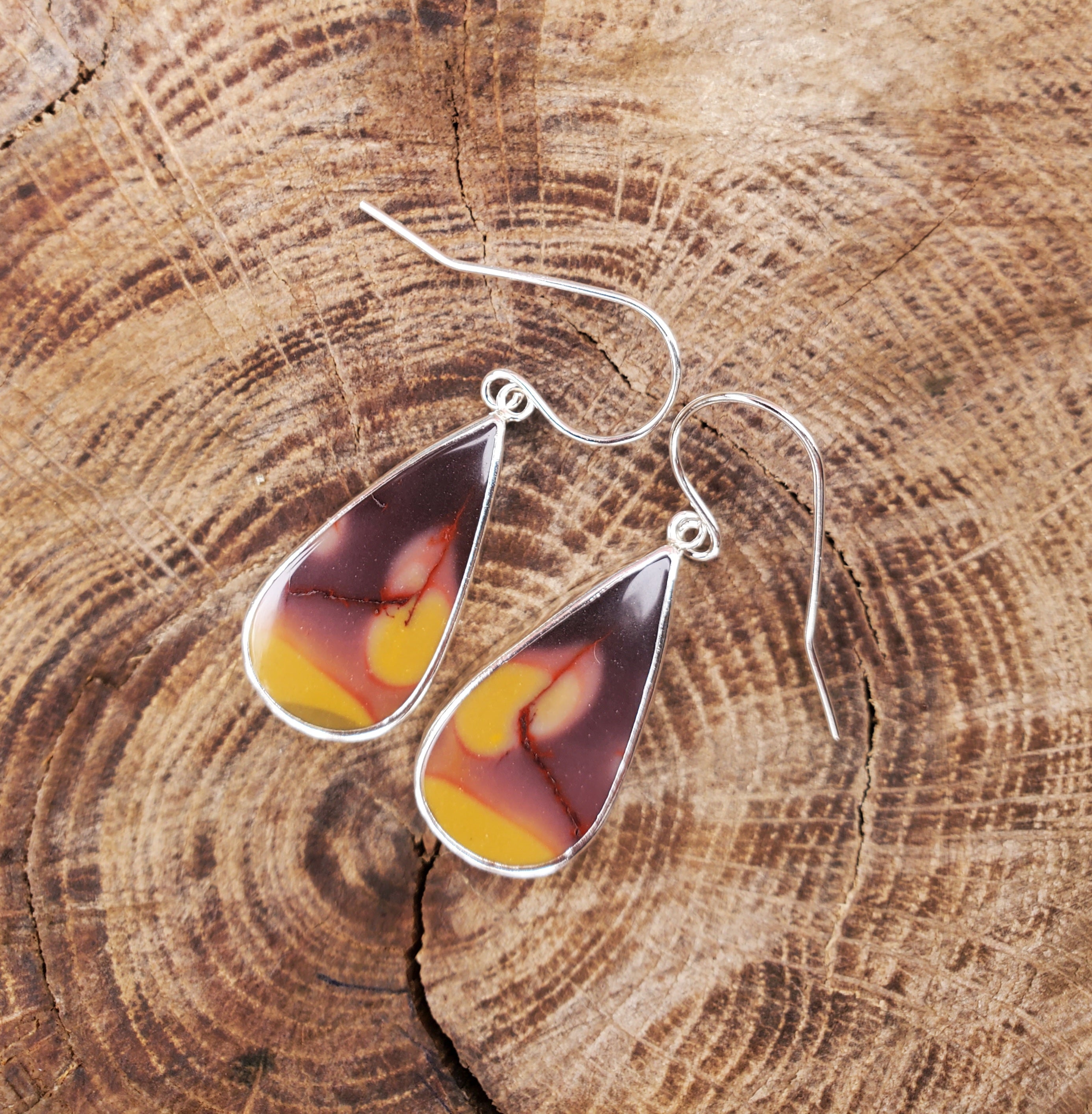 Australian Mookaite Multicolored Dangle Drop Earrings in Solid Sterling Silver