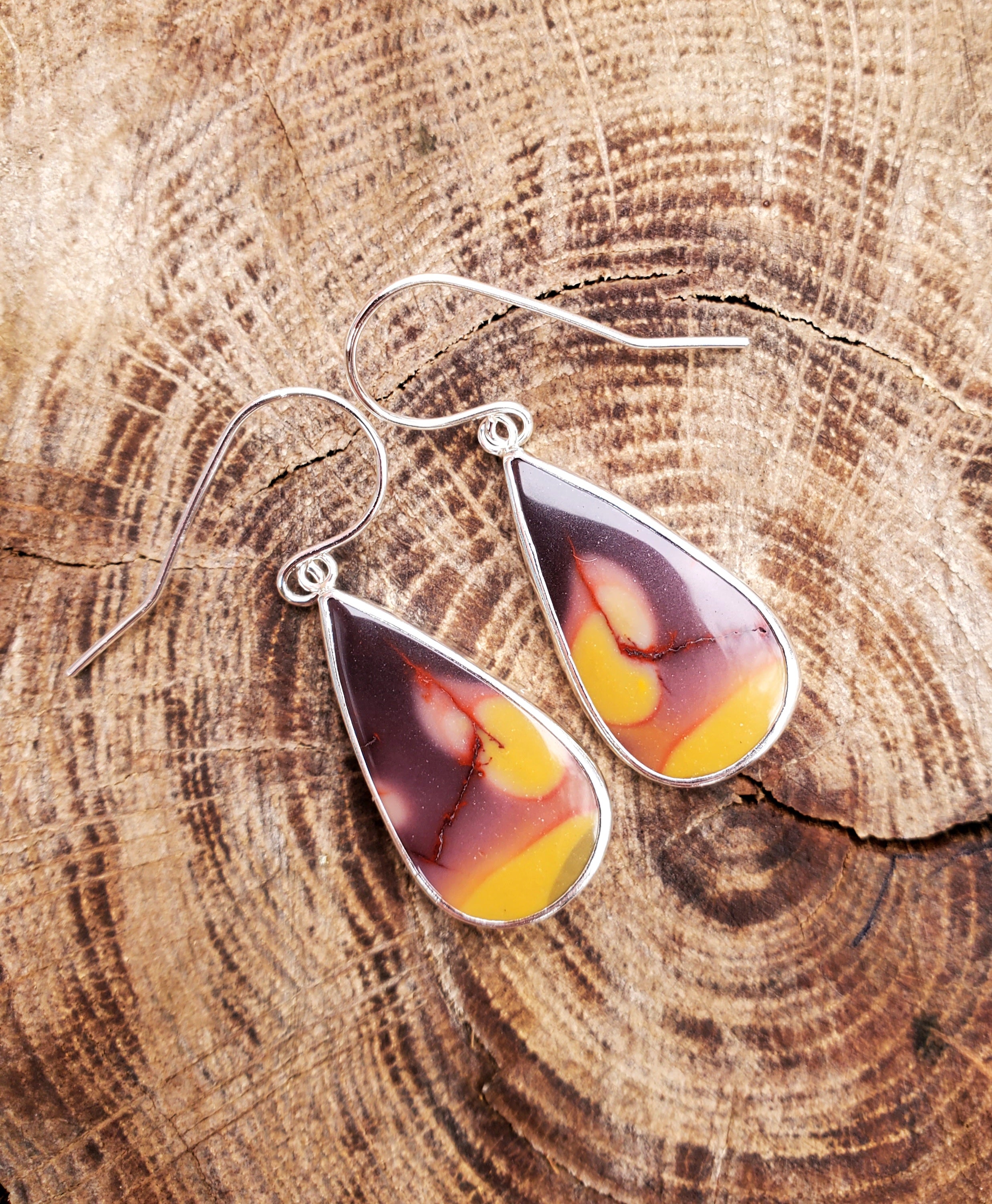Australian Mookaite Multicolored Dangle Drop Earrings in Solid Sterling Silver