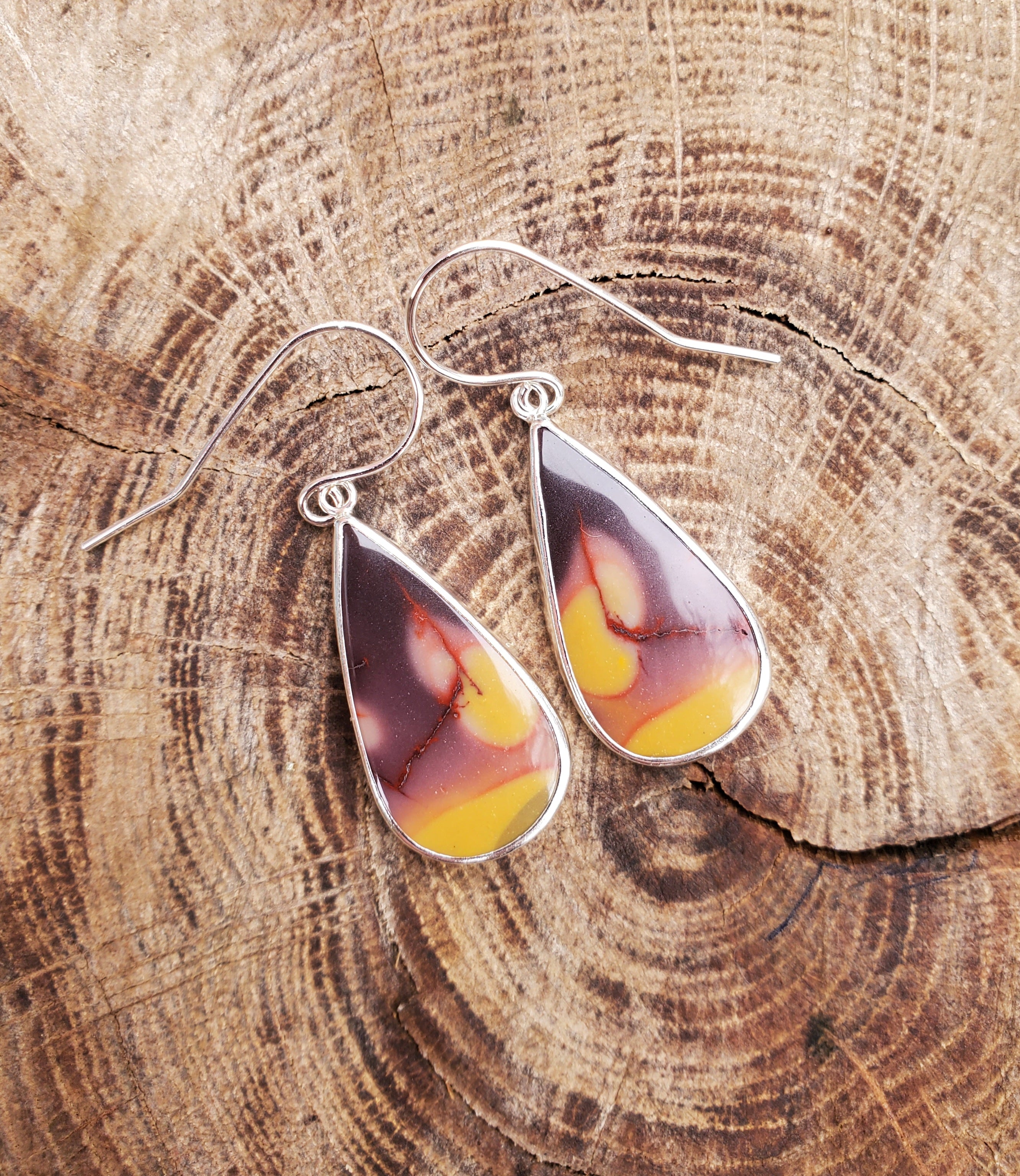 Australian Mookaite Multicolored Dangle Drop Earrings in Solid Sterling Silver