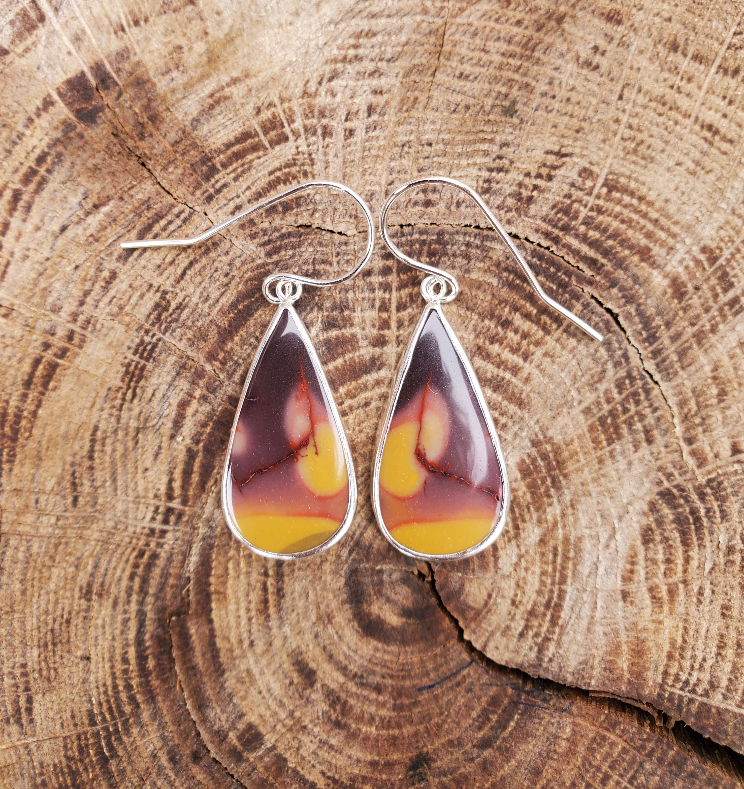 Australian Mookaite Multicolored Dangle Drop Earrings in Solid Sterling Silver