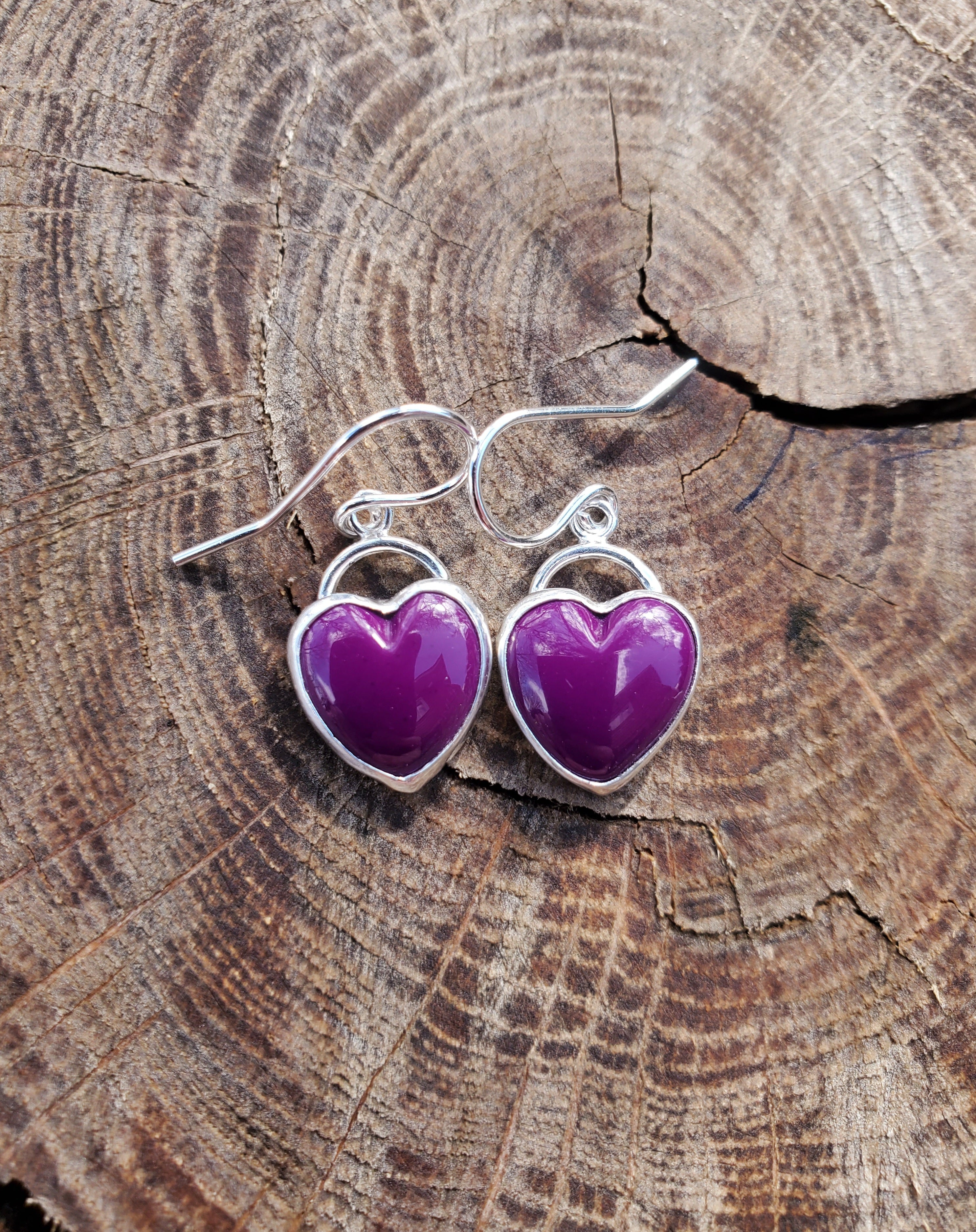 Sugilite Deep Purple Heart Drop Earrings in Solid Sterling Silver