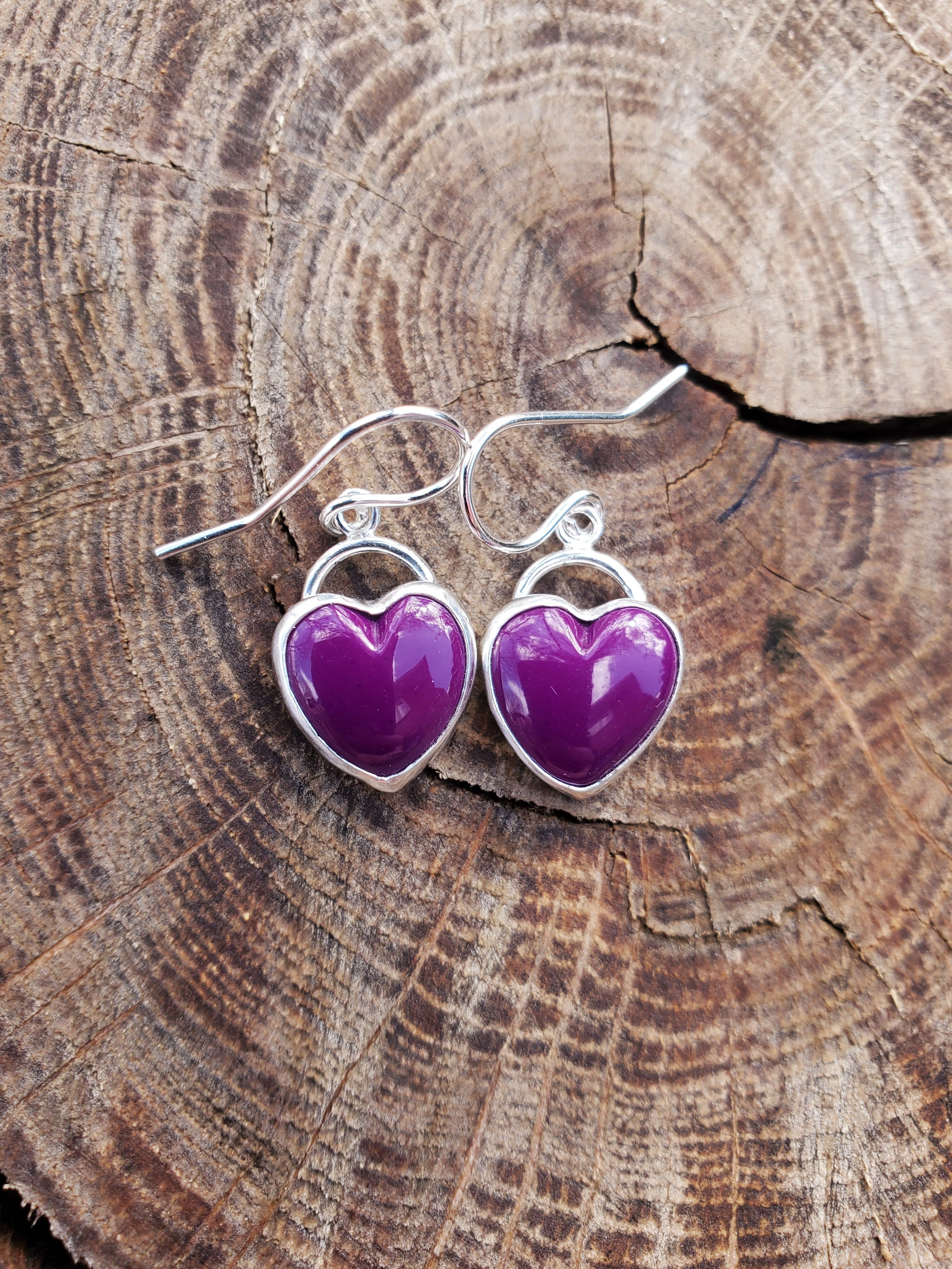 Sugilite Deep Purple Heart Drop Earrings in Solid Sterling Silver