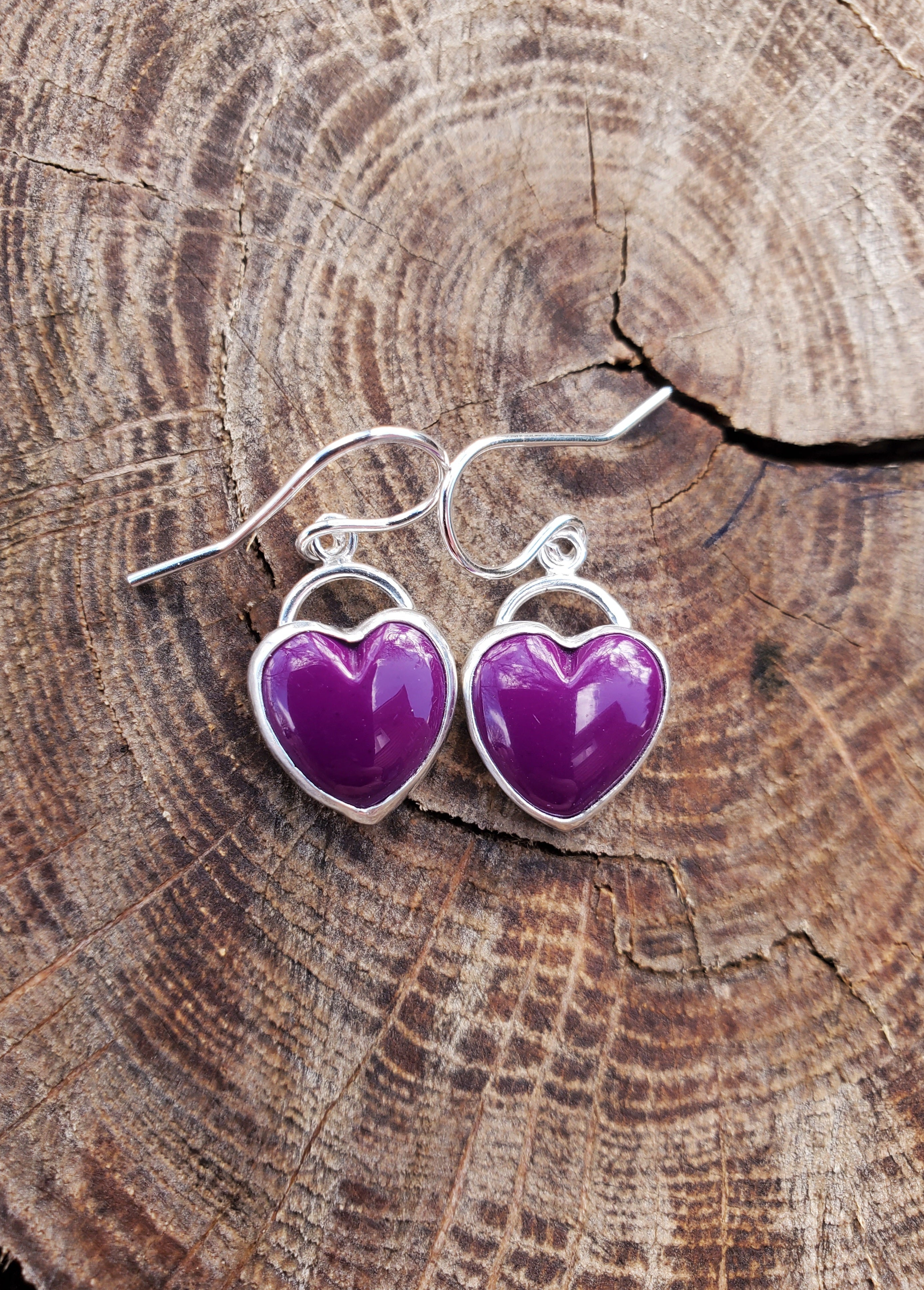 Sugilite Deep Purple Heart Drop Earrings in Solid Sterling Silver