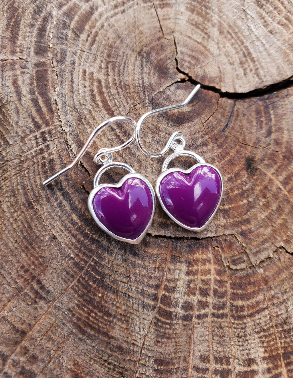 Sugilite Deep Purple Heart Drop Earrings in Solid Sterling Silver