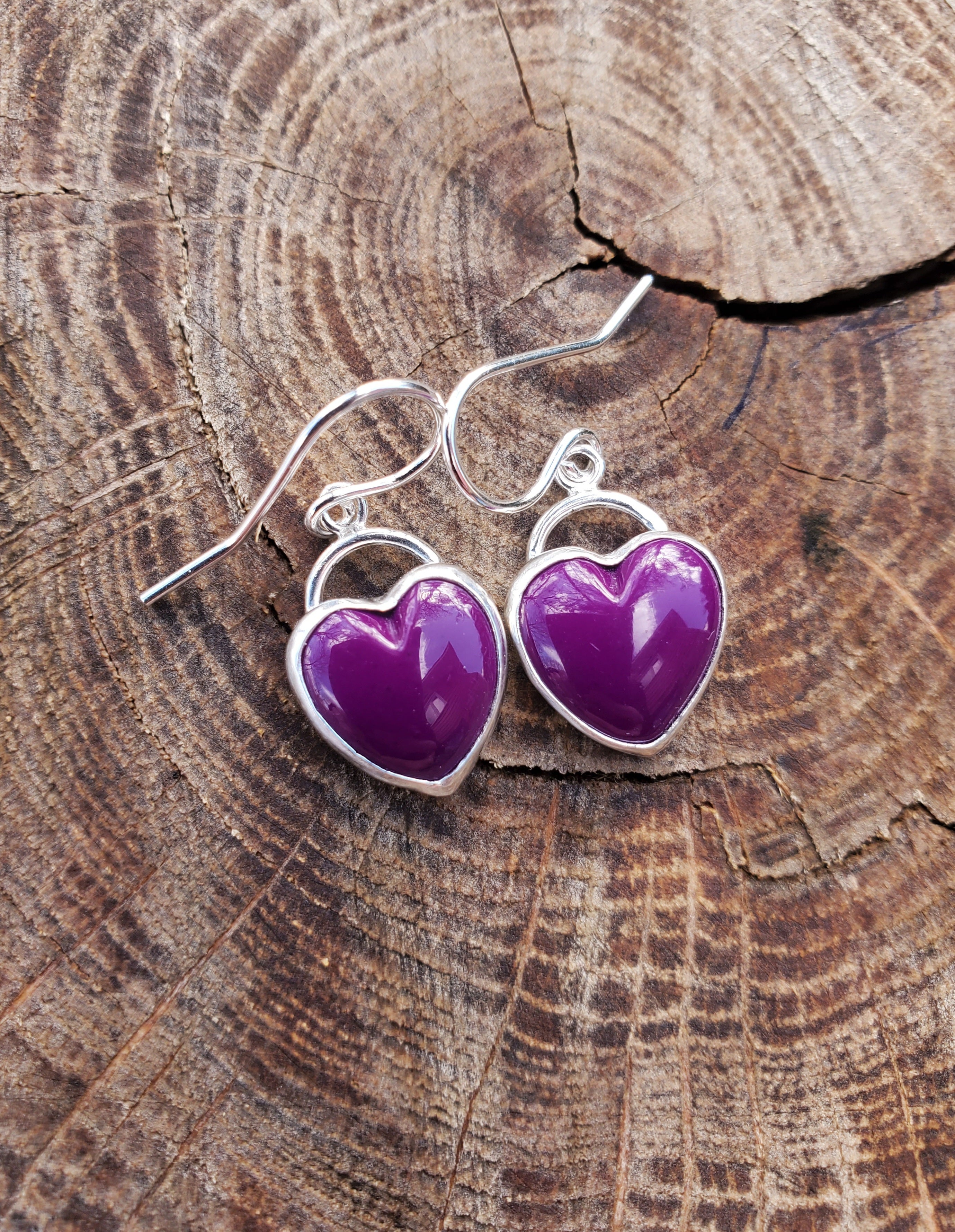 Sugilite Deep Purple Heart Drop Earrings in Solid Sterling Silver