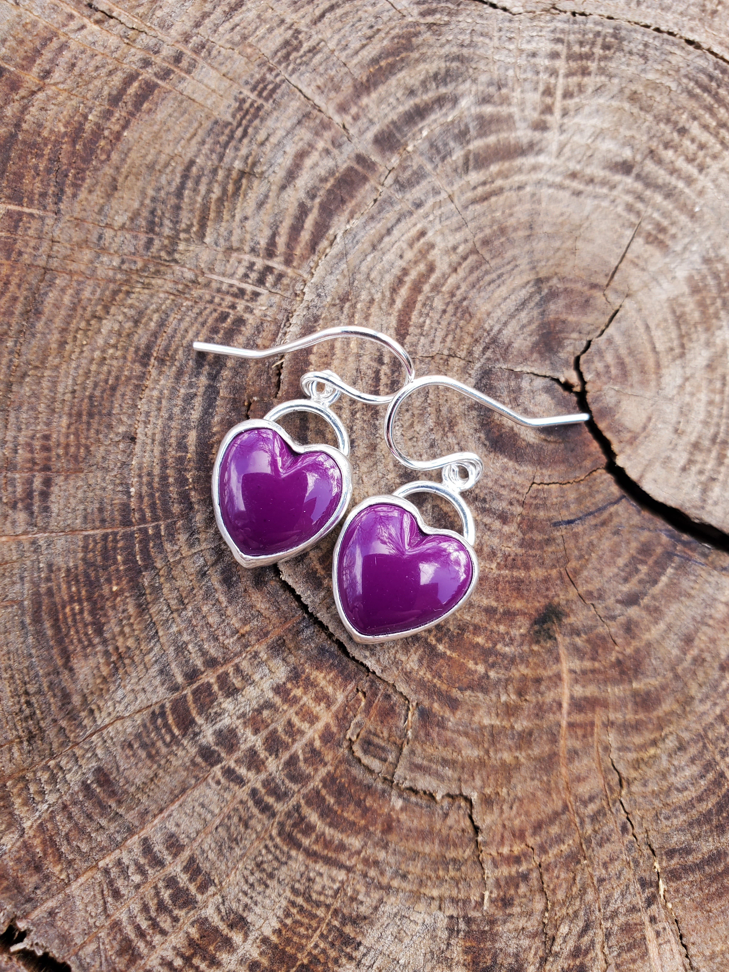 Sugilite Deep Purple Heart Drop Earrings in Solid Sterling Silver