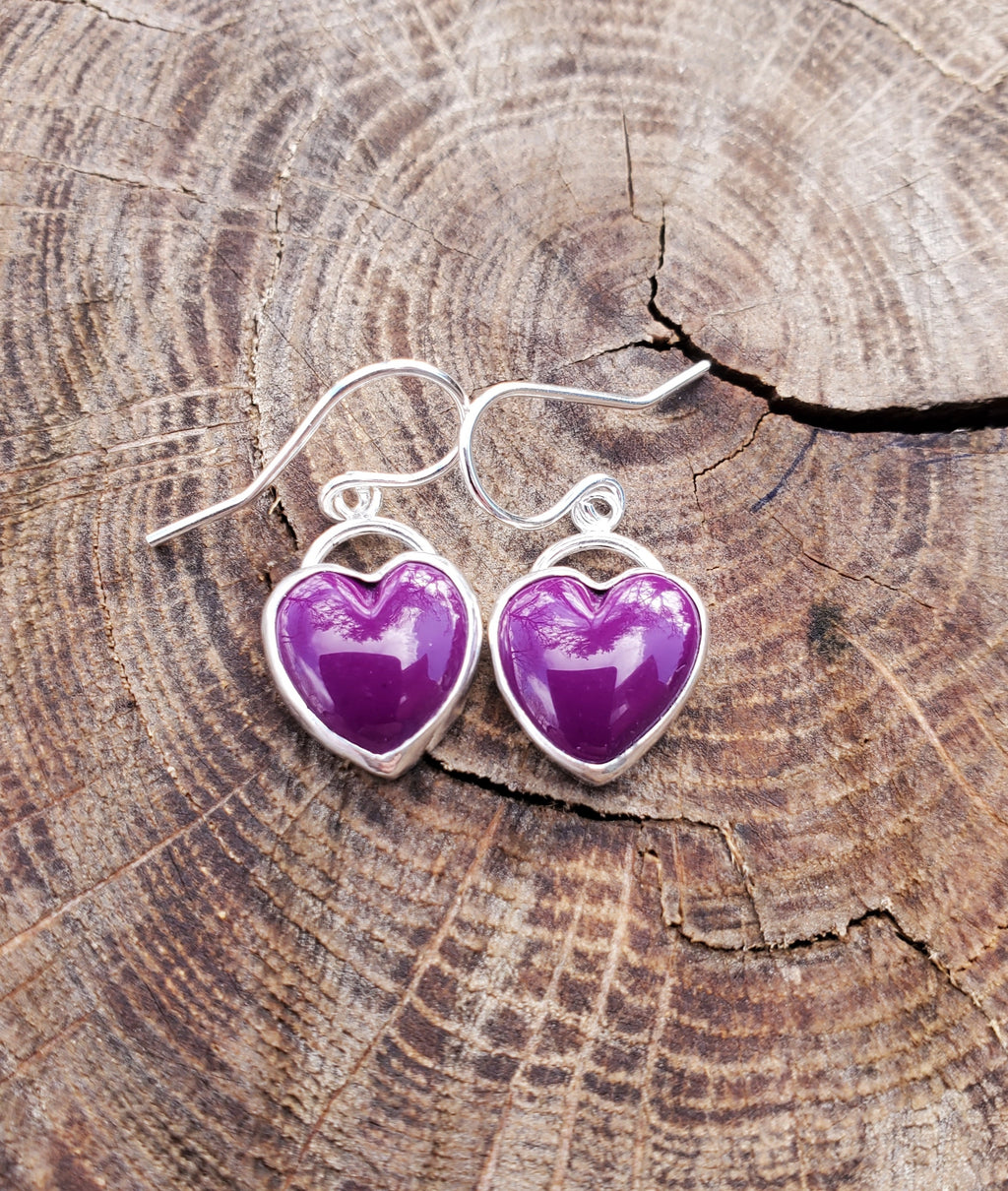 Sugilite Deep Purple Heart Drop Earrings in Solid Sterling Silver