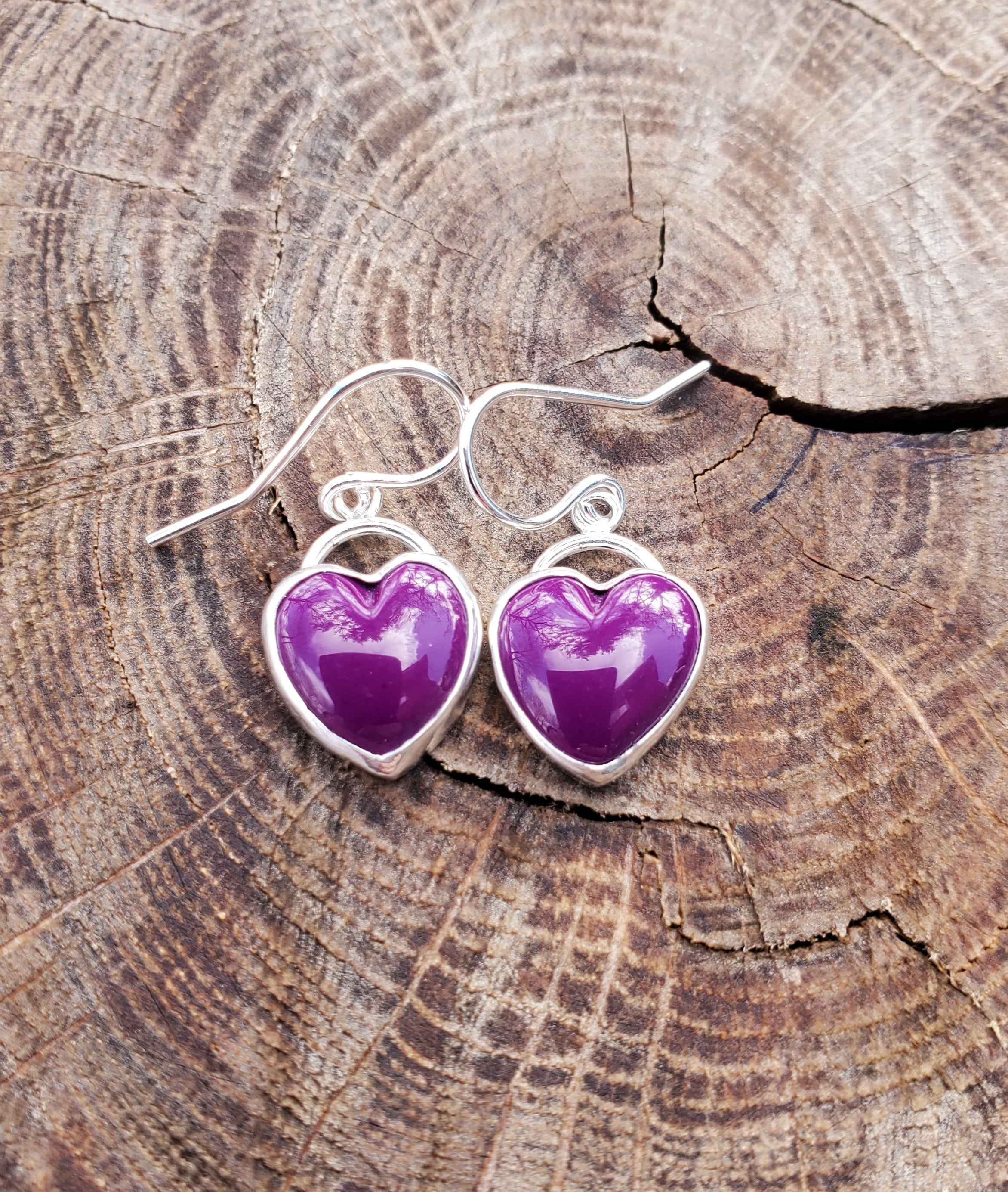 Sugilite Deep Purple Heart Drop Earrings in Solid Sterling Silver