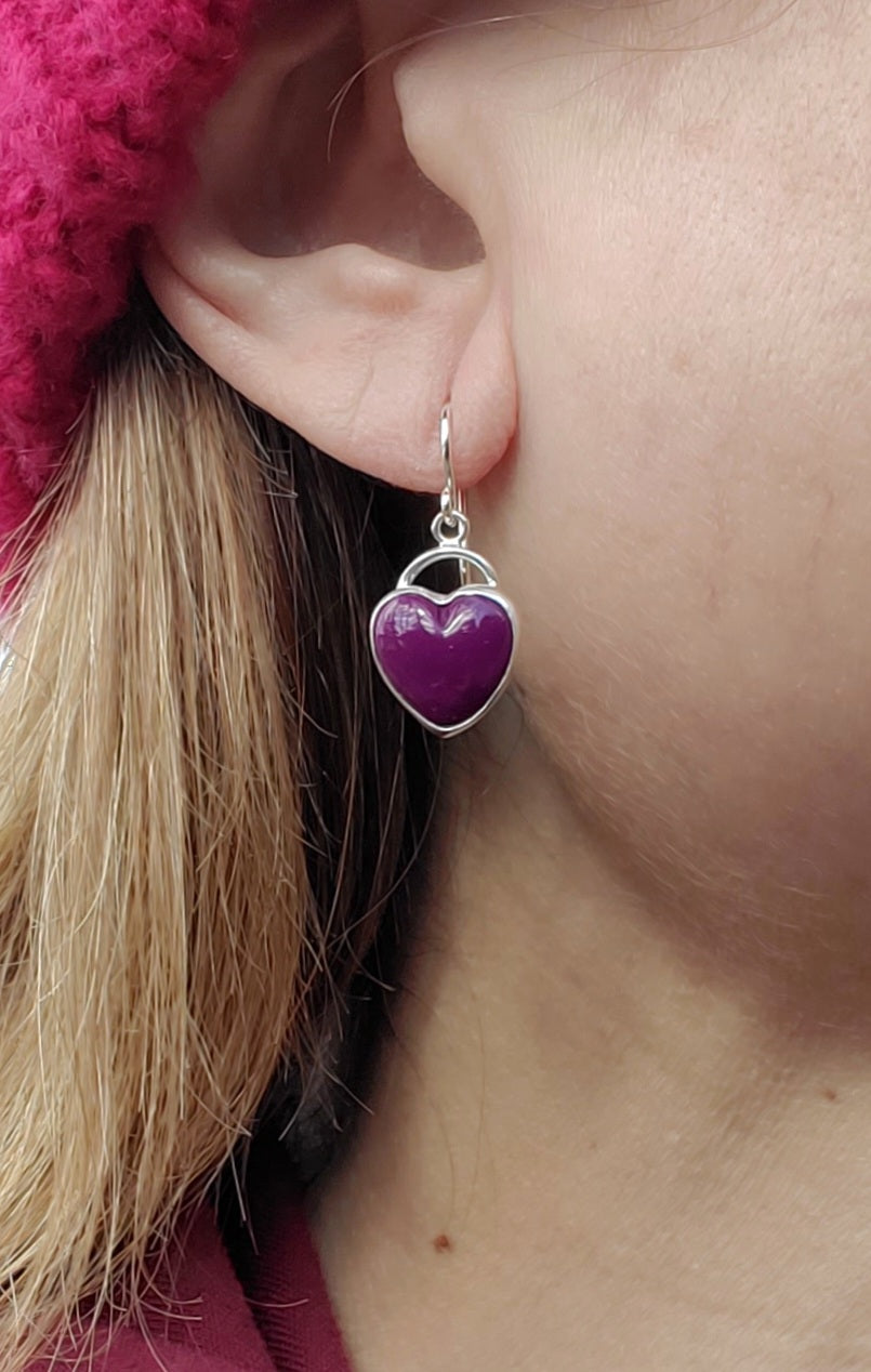 Sugilite Deep Purple Heart Drop Earrings in Solid Sterling Silver