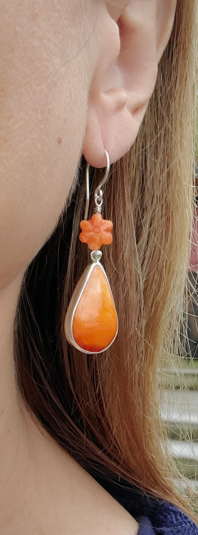 Orange Spiny Oyster Teardrop Dangle Earrings with Spiny Flower Detail in Solid Sterling Silver