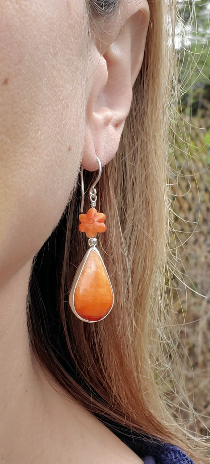 Orange Spiny Oyster Teardrop Dangle Earrings with Spiny Flower Detail in Solid Sterling Silver