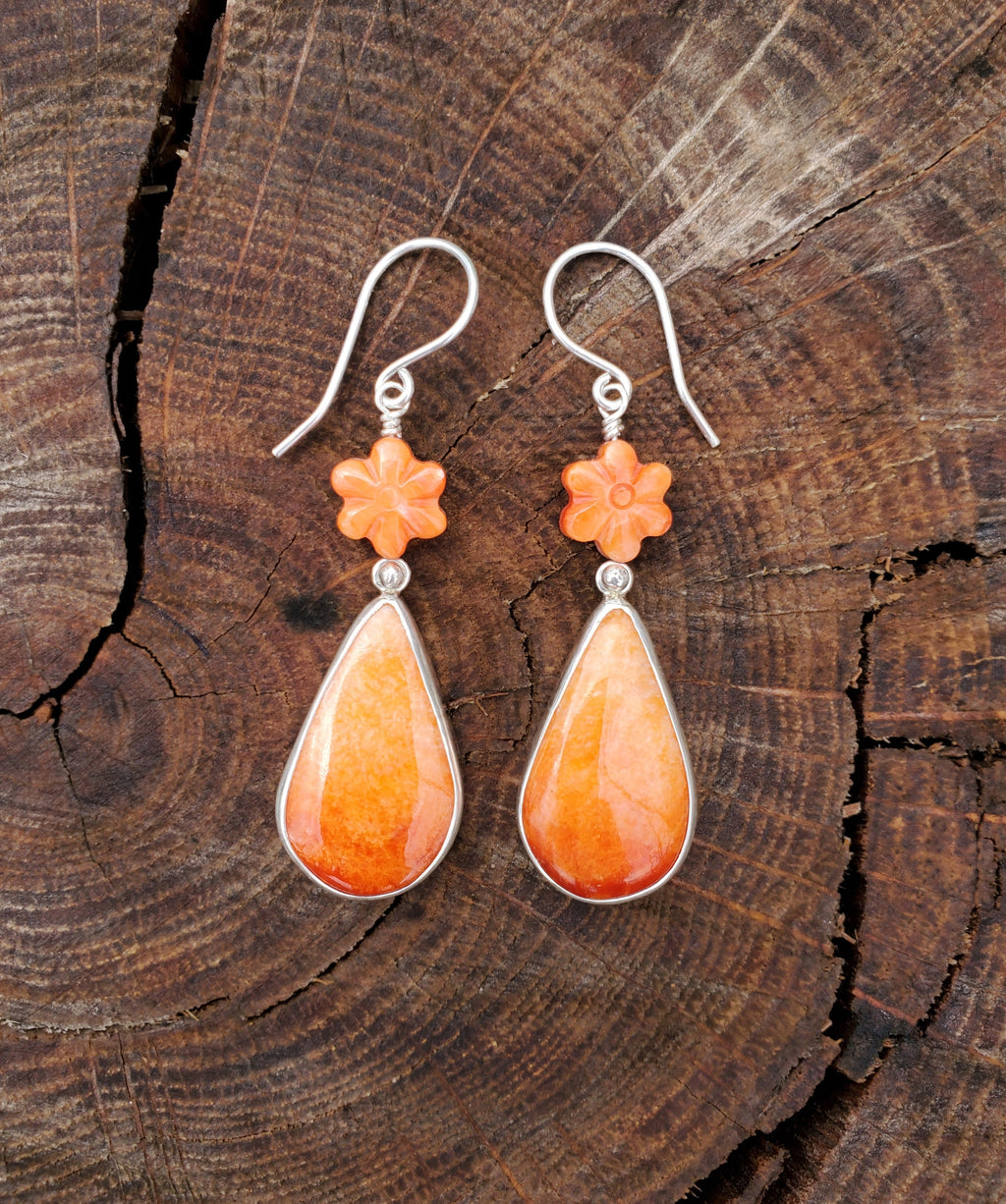 Orange Spiny Oyster Teardrop Dangle Earrings with Spiny Flower Detail in Solid Sterling Silver