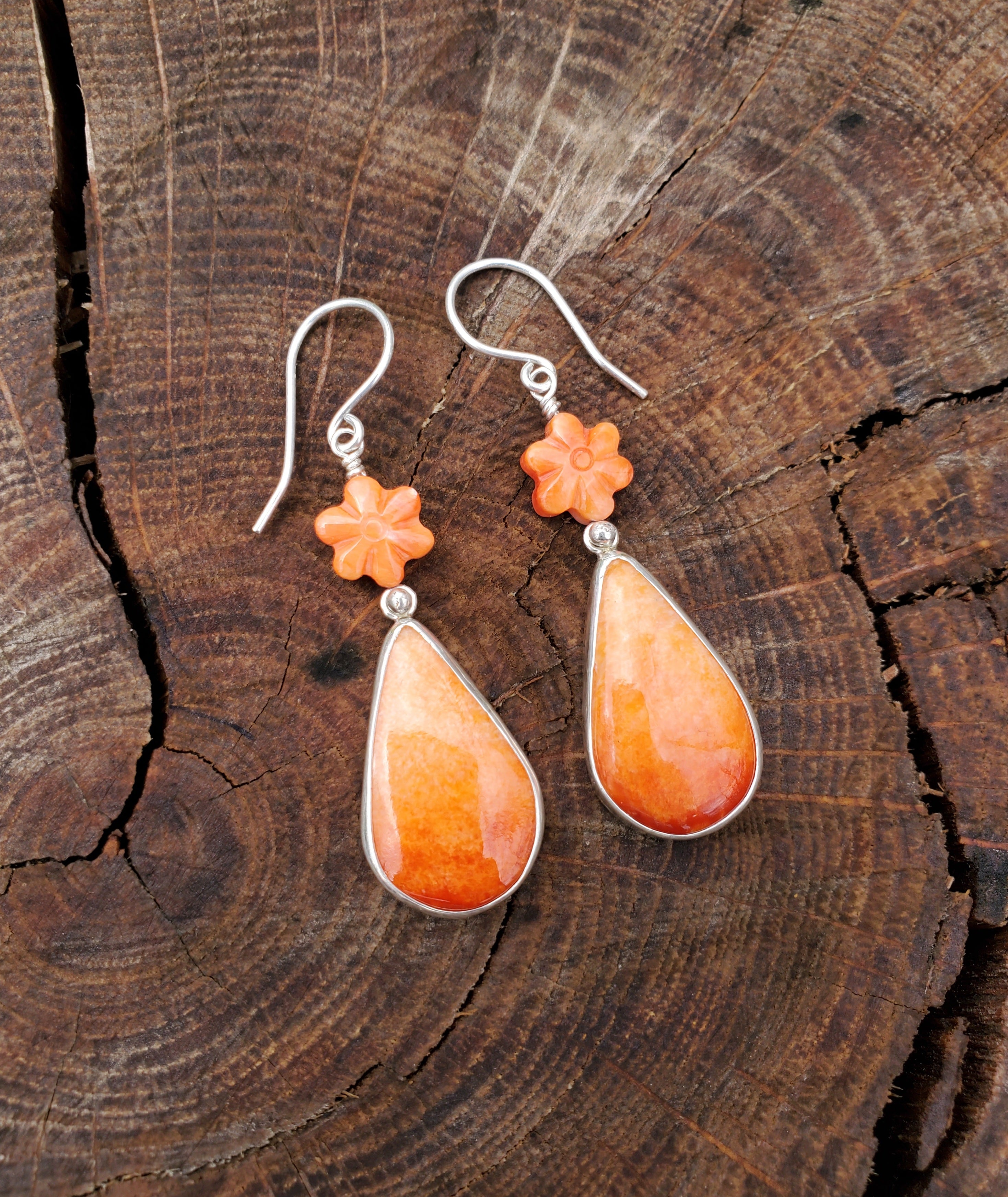 Orange Spiny Oyster Teardrop Dangle Earrings with Spiny Flower Detail in Solid Sterling Silver
