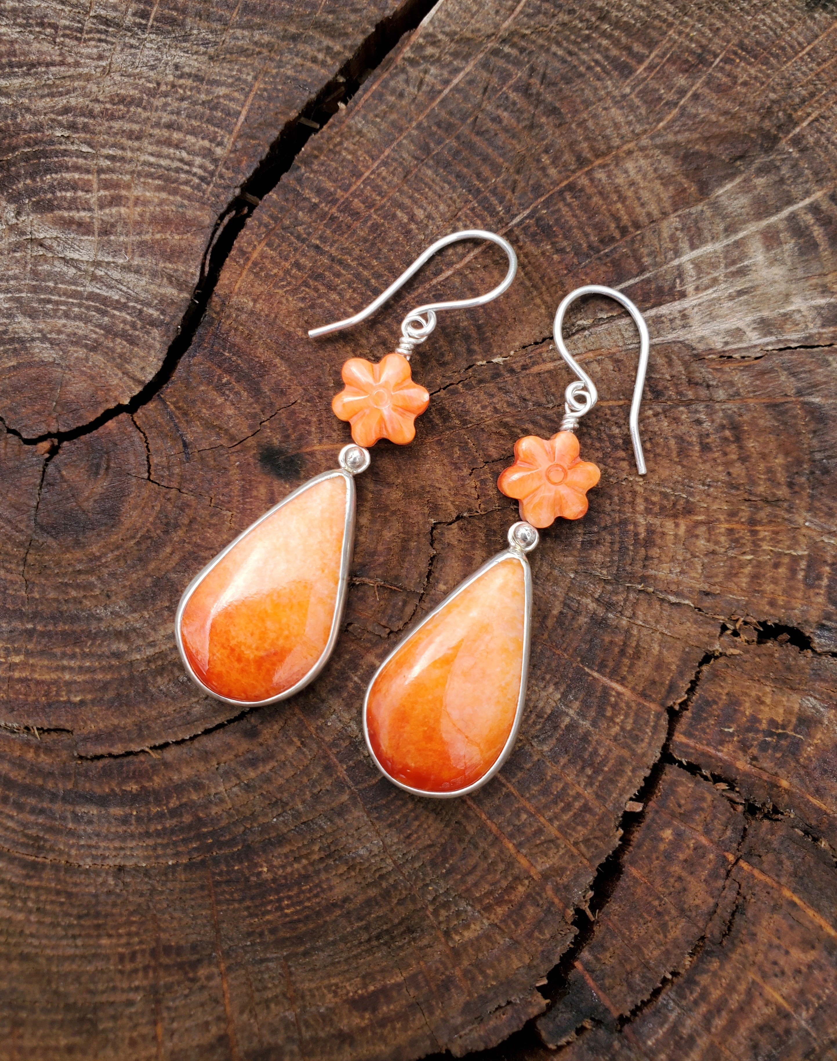 Orange Spiny Oyster Teardrop Dangle Earrings with Spiny Flower Detail in Solid Sterling Silver