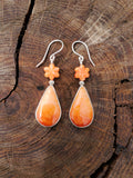 Orange Spiny Oyster Teardrop Dangle Earrings with Spiny Flower Detail in Solid Sterling Silver