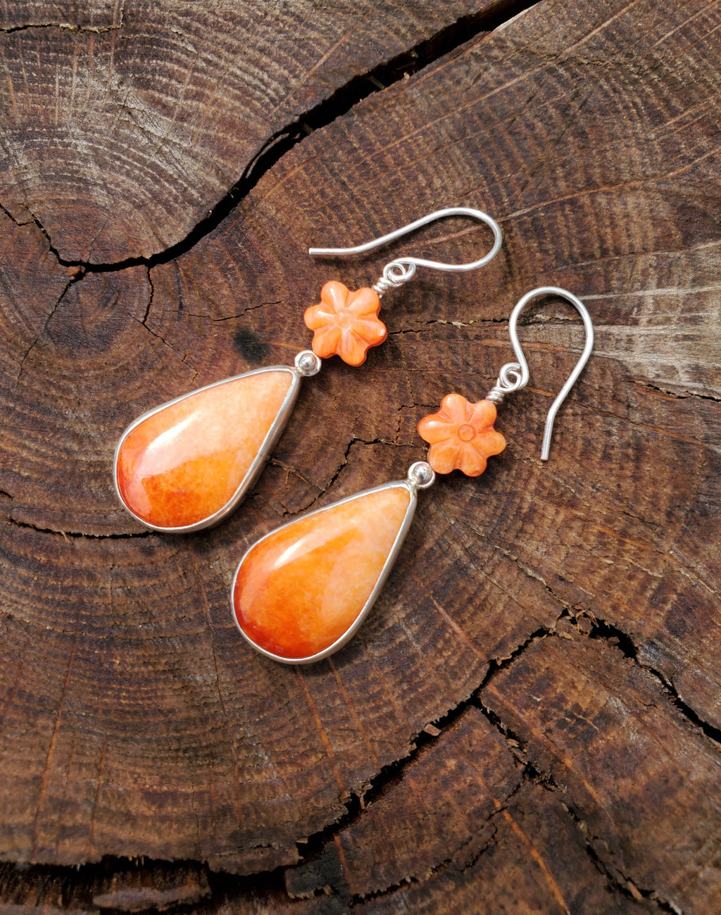 Orange Spiny Oyster Teardrop Dangle Earrings with Spiny Flower Detail in Solid Sterling Silver
