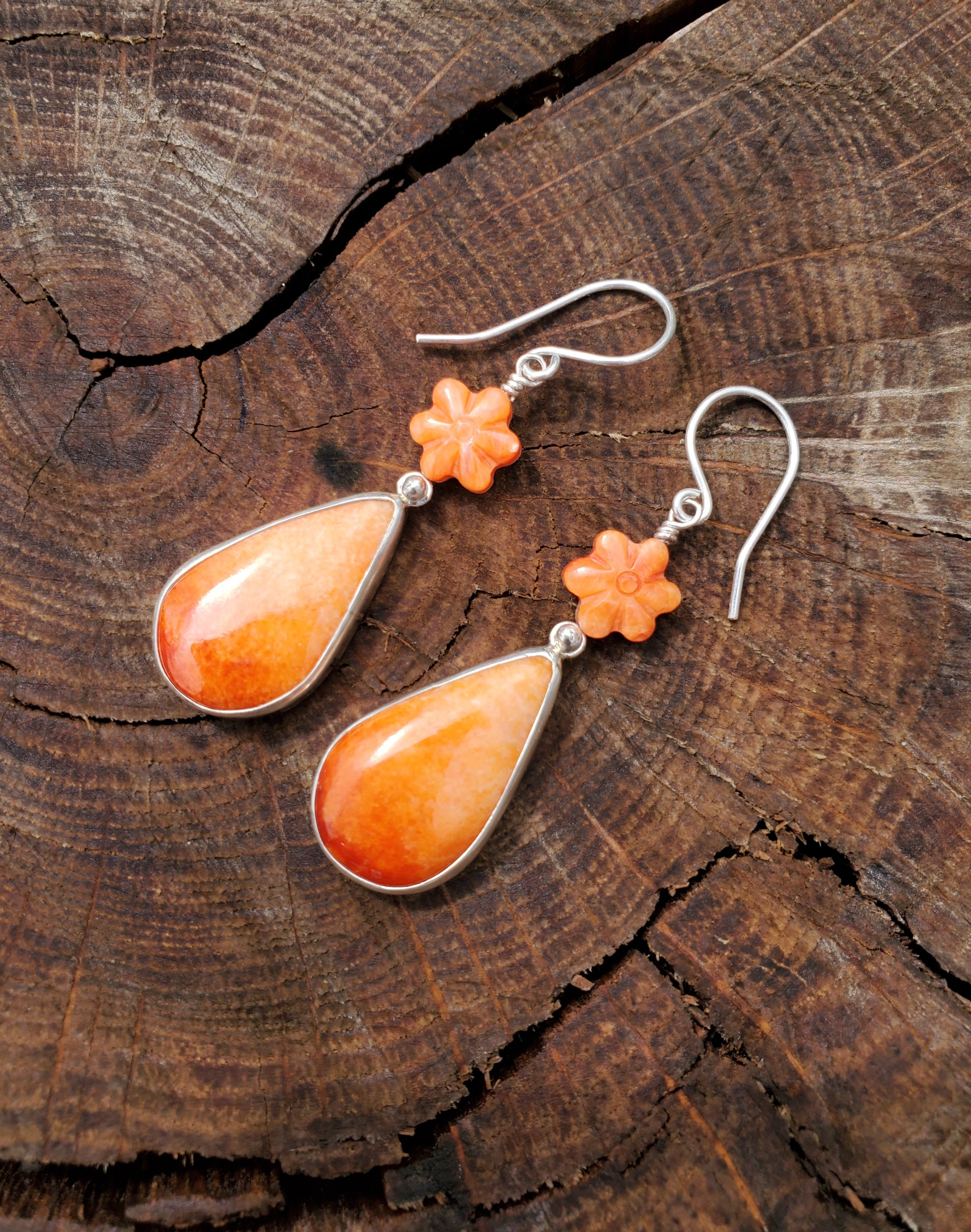 Orange Spiny Oyster Teardrop Dangle Earrings with Spiny Flower Detail in Solid Sterling Silver
