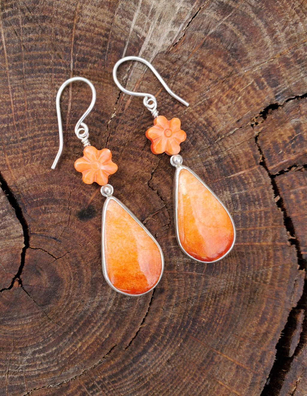 Orange Spiny Oyster Teardrop Dangle Earrings with Spiny Flower Detail in Solid Sterling Silver
