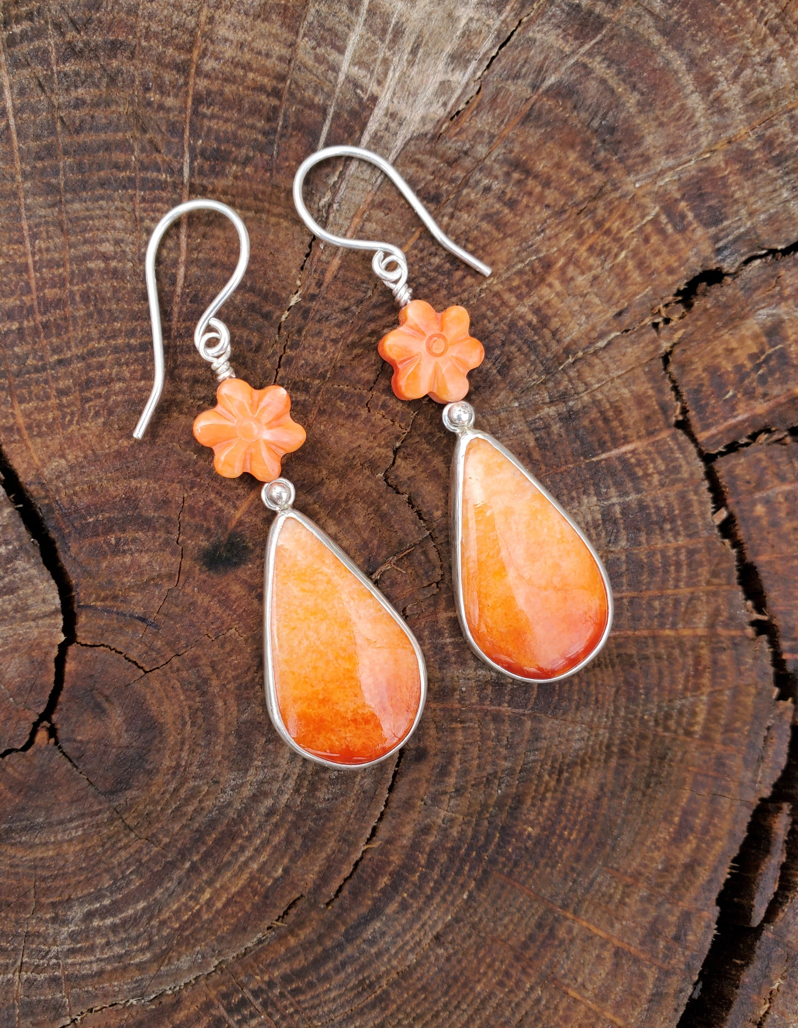 Orange Spiny Oyster Teardrop Dangle Earrings with Spiny Flower Detail in Solid Sterling Silver