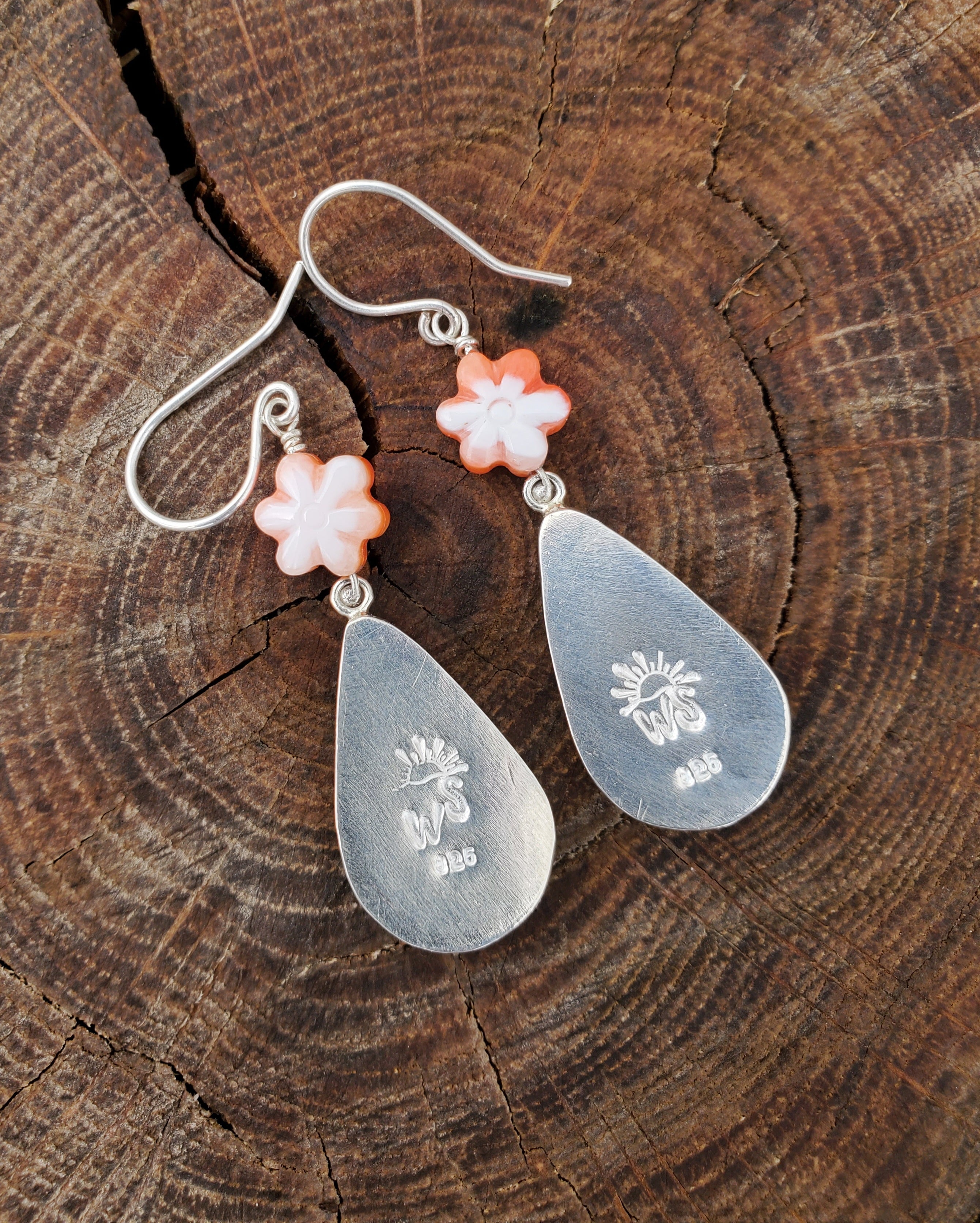 Orange Spiny Oyster Teardrop Dangle Earrings with Spiny Flower Detail in Solid Sterling Silver