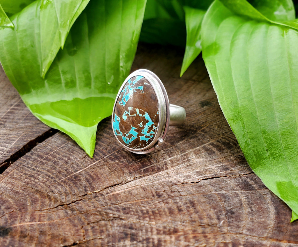 Thunderbird Turquoise Statement Ring in Solid Sterling Silver. Size 8