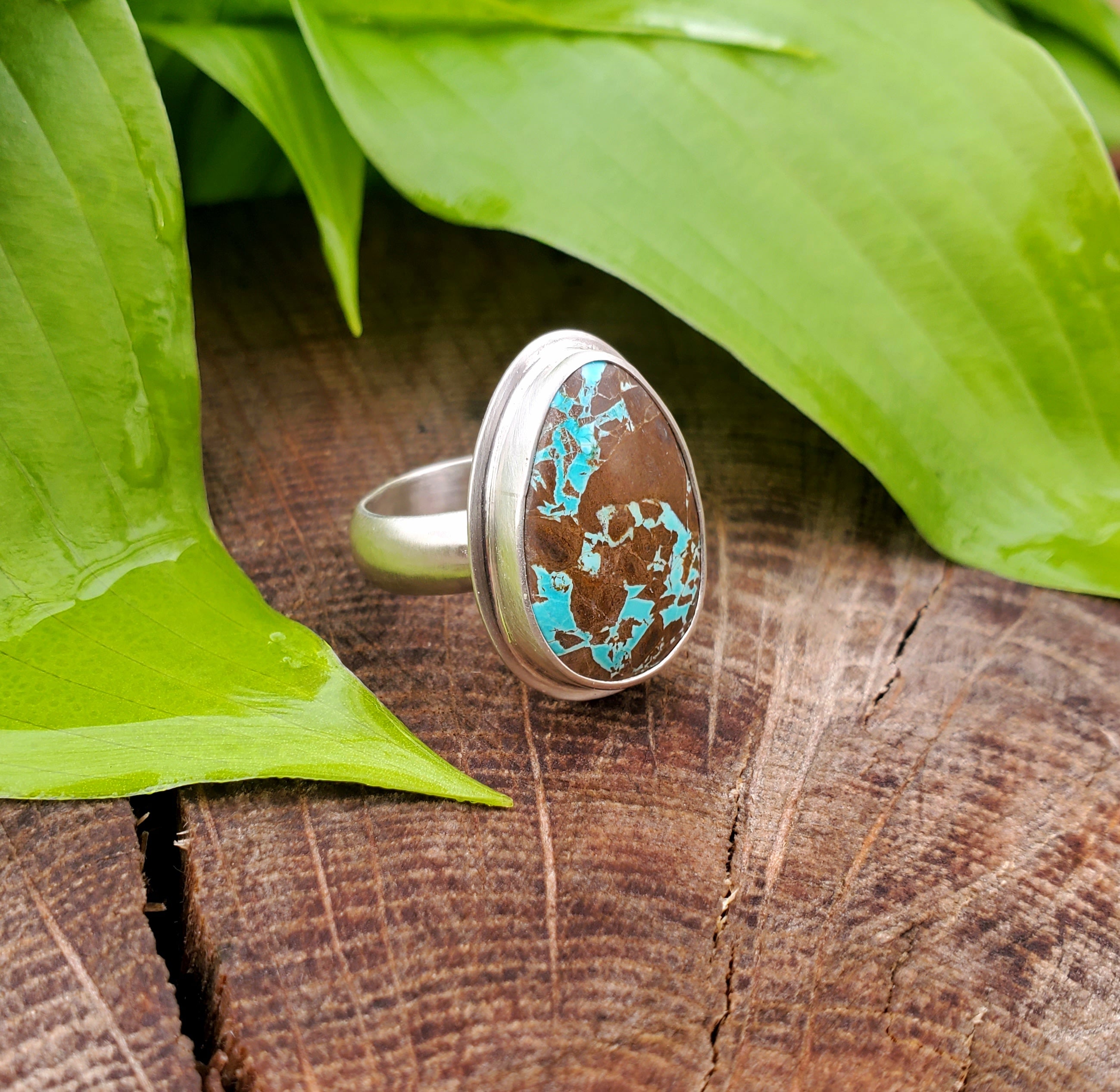 Thunderbird Turquoise Statement Ring in Solid Sterling Silver. Size 8