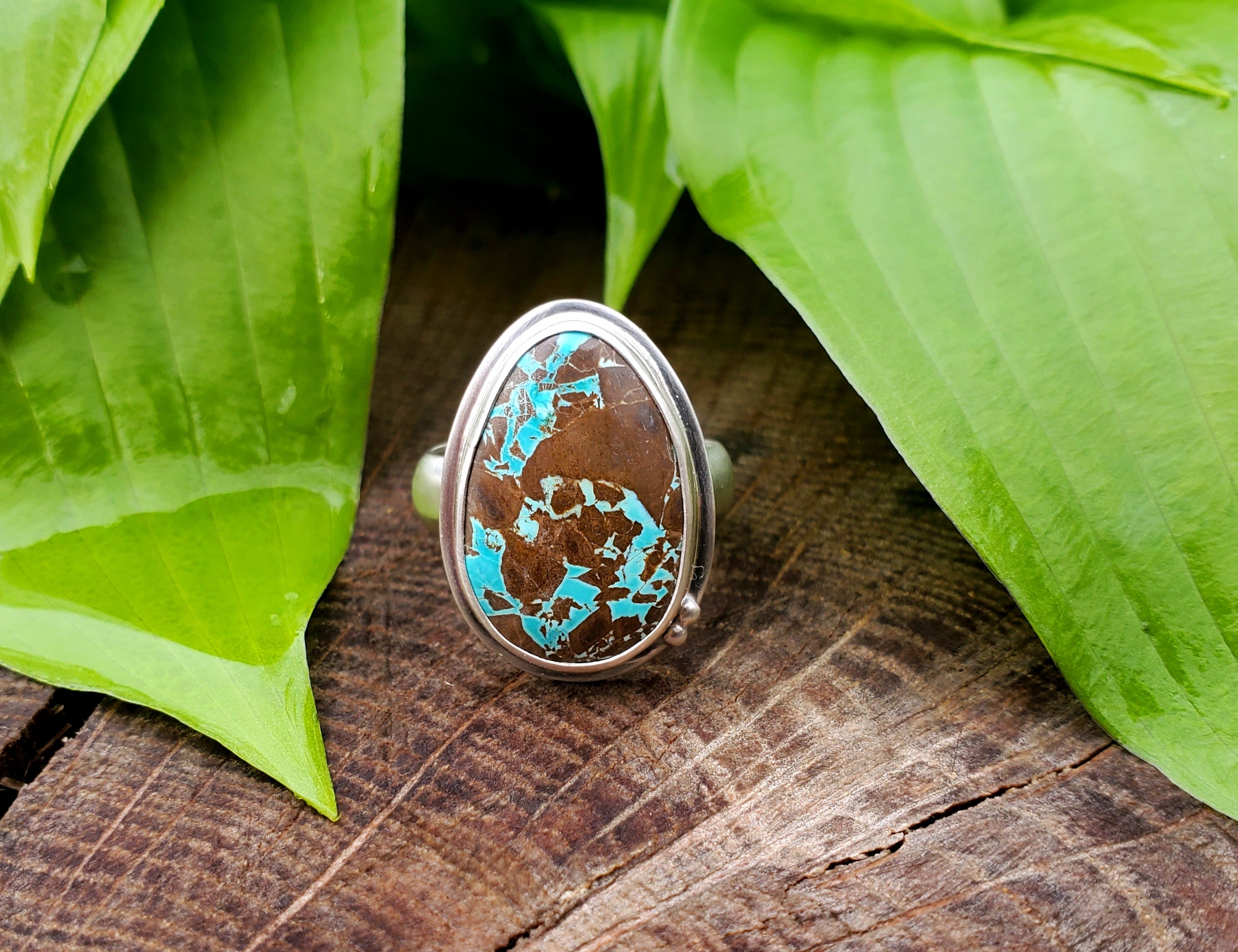 Thunderbird Turquoise Statement Ring in Solid Sterling Silver. Size 8
