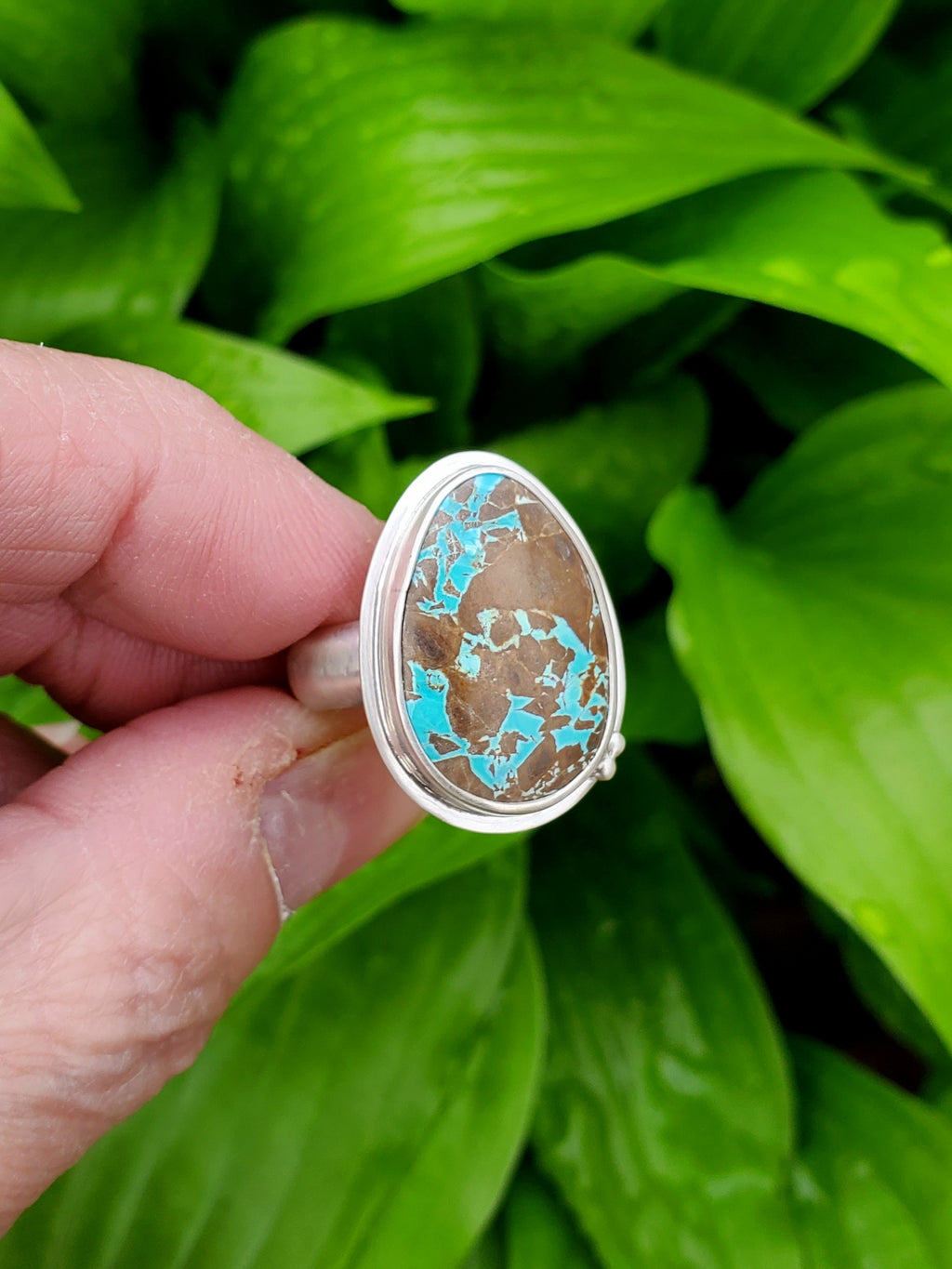 Thunderbird Turquoise Statement Ring in Solid Sterling Silver. Size 8
