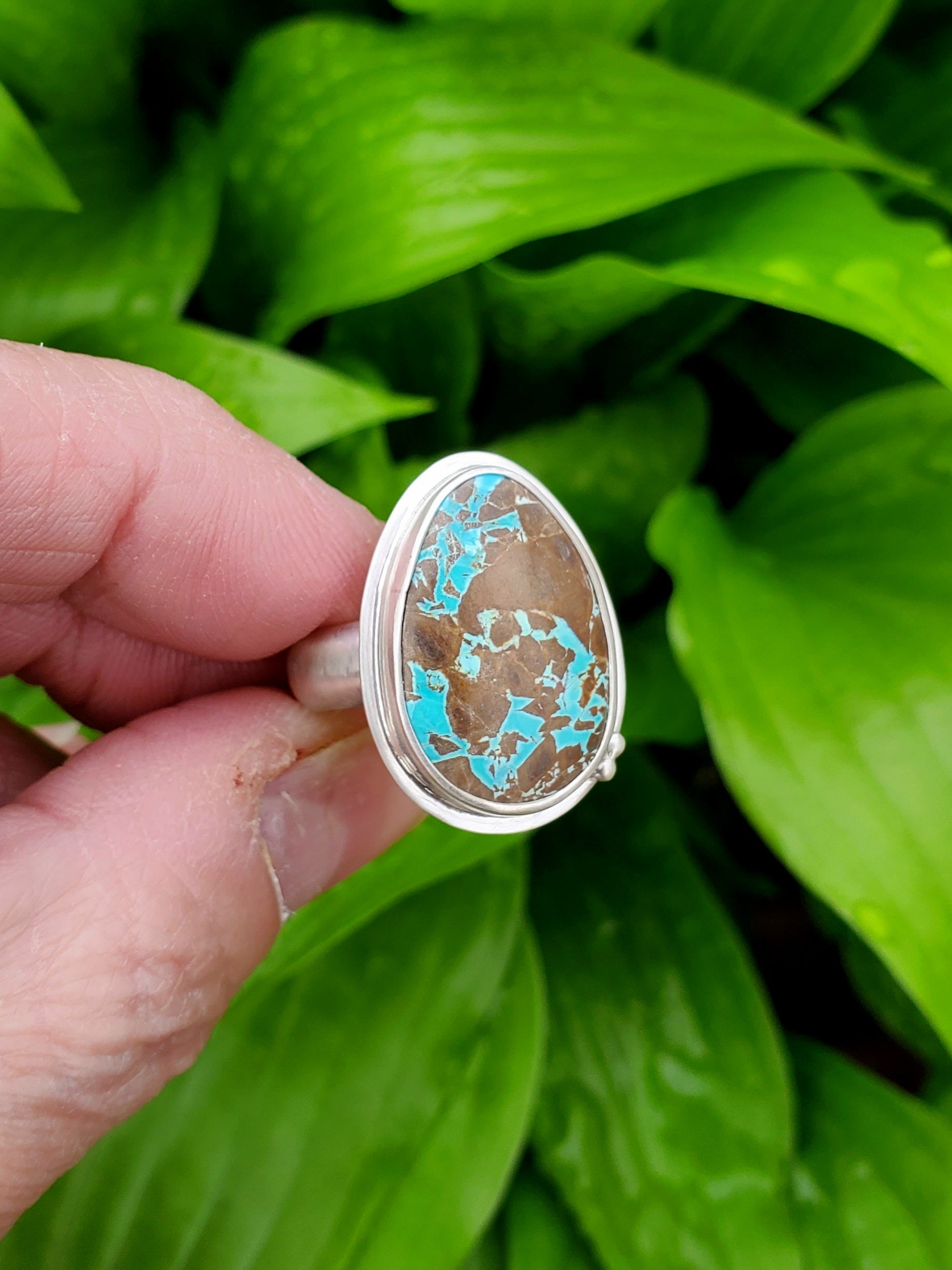 Thunderbird Turquoise Statement Ring in Solid Sterling Silver. Size 8