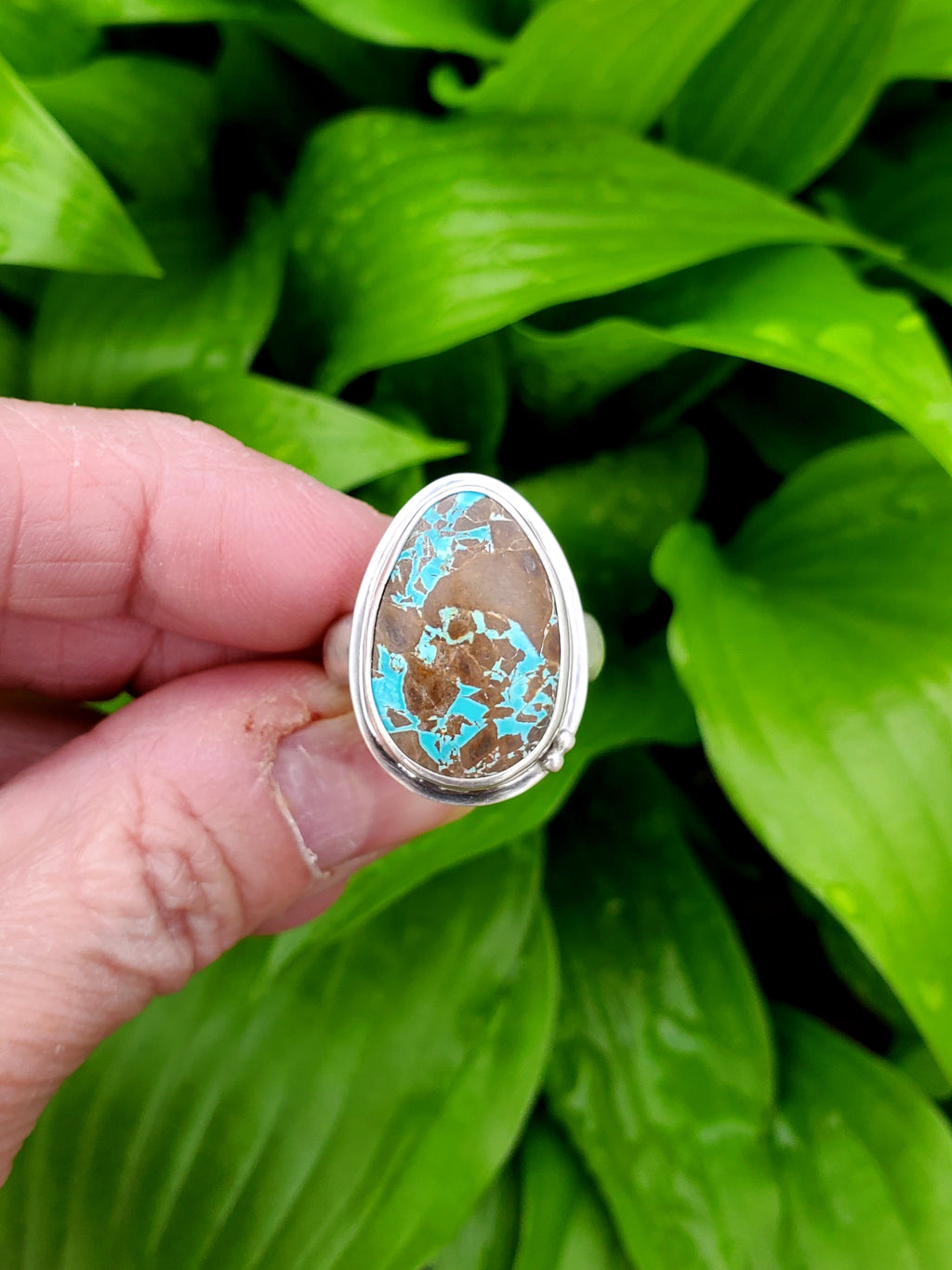 Thunderbird Turquoise Statement Ring in Solid Sterling Silver. Size 8