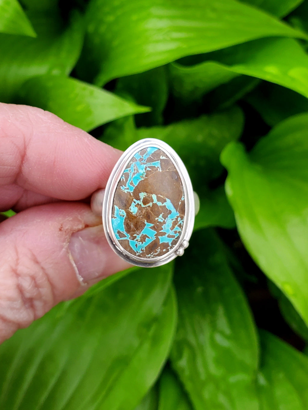 Thunderbird Turquoise Statement Ring in Solid Sterling Silver. Size 8