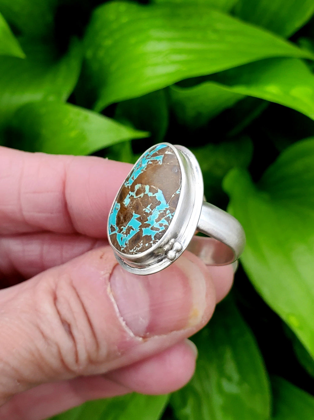 Thunderbird Turquoise Statement Ring in Solid Sterling Silver. Size 8