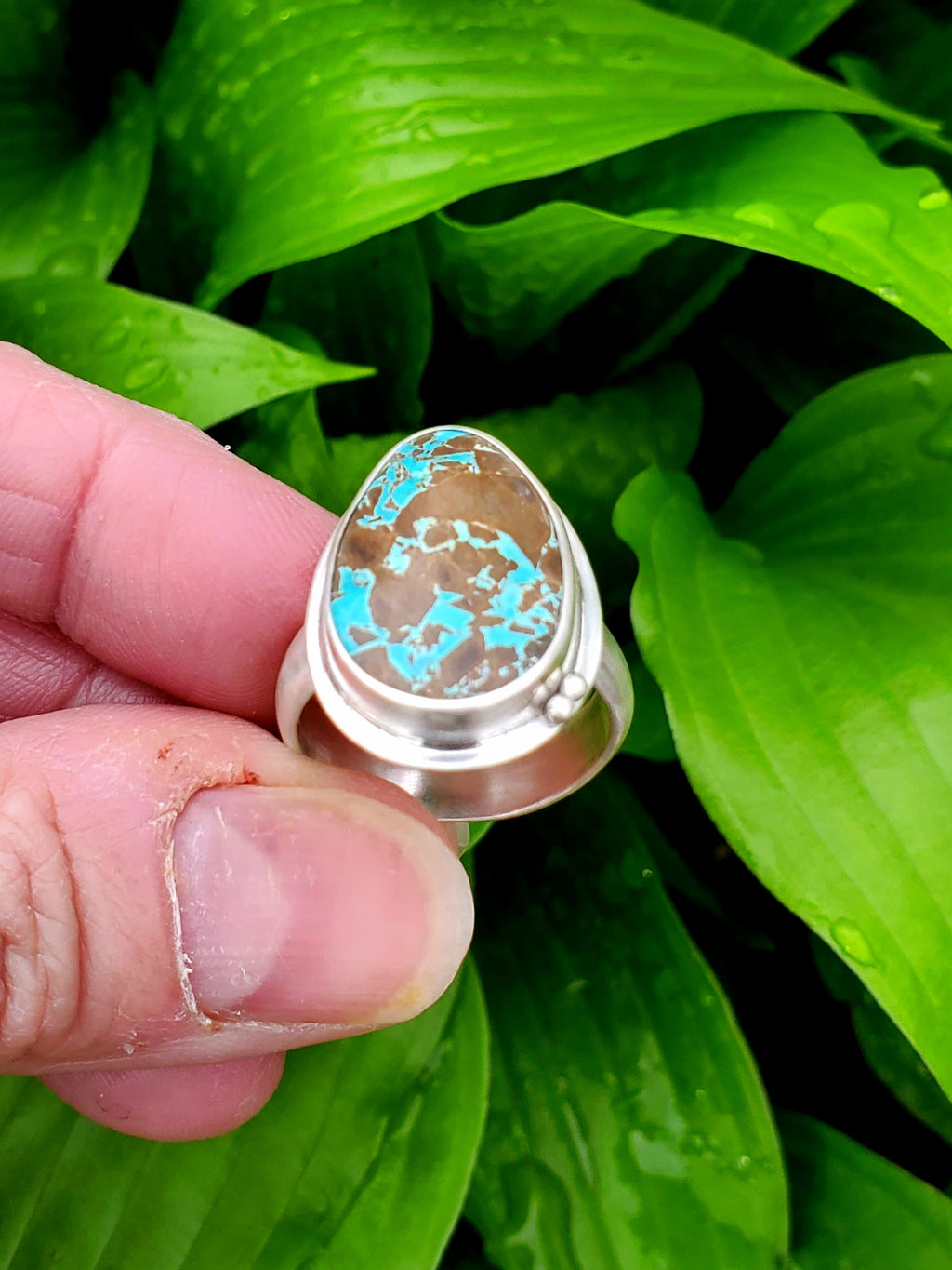 Thunderbird Turquoise Statement Ring in Solid Sterling Silver. Size 8