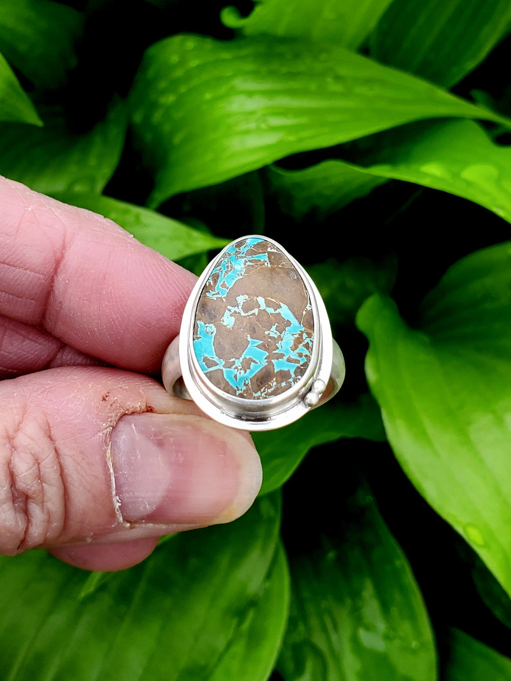 Thunderbird Turquoise Statement Ring in Solid Sterling Silver. Size 8