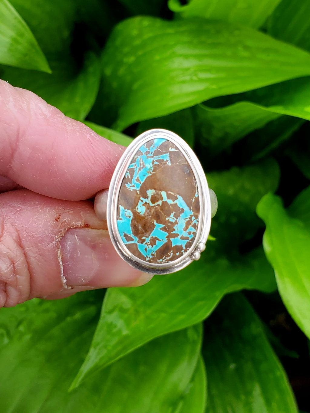Thunderbird Turquoise Statement Ring in Solid Sterling Silver. Size 8
