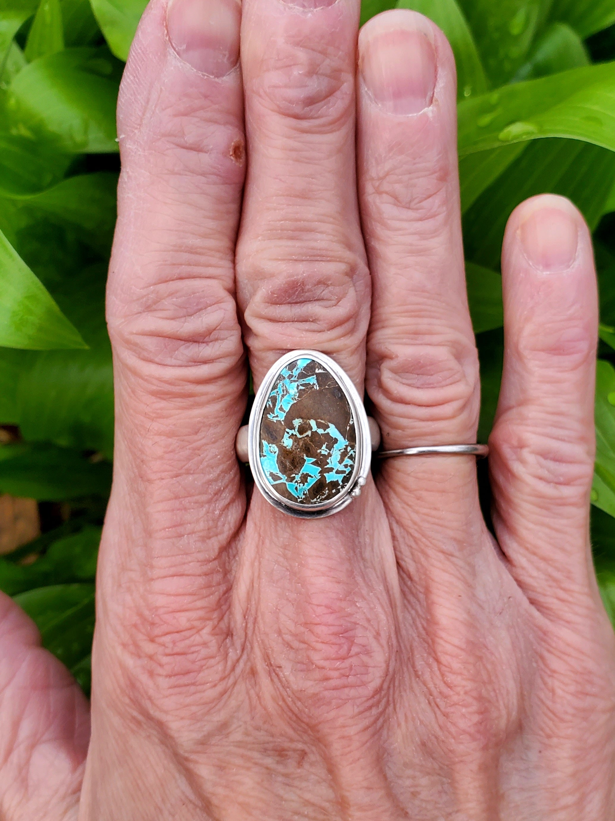 Thunderbird Turquoise Statement Ring in Solid Sterling Silver. Size 8