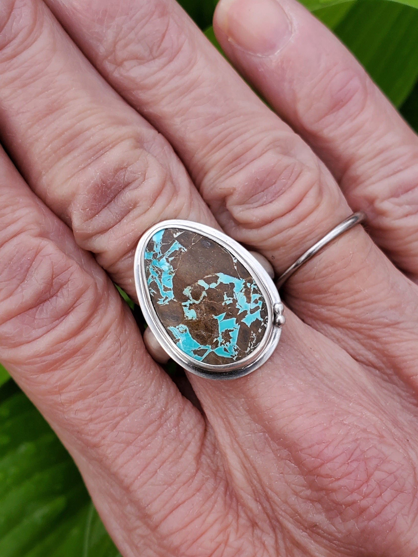 Thunderbird Turquoise Statement Ring in Solid Sterling Silver. Size 8