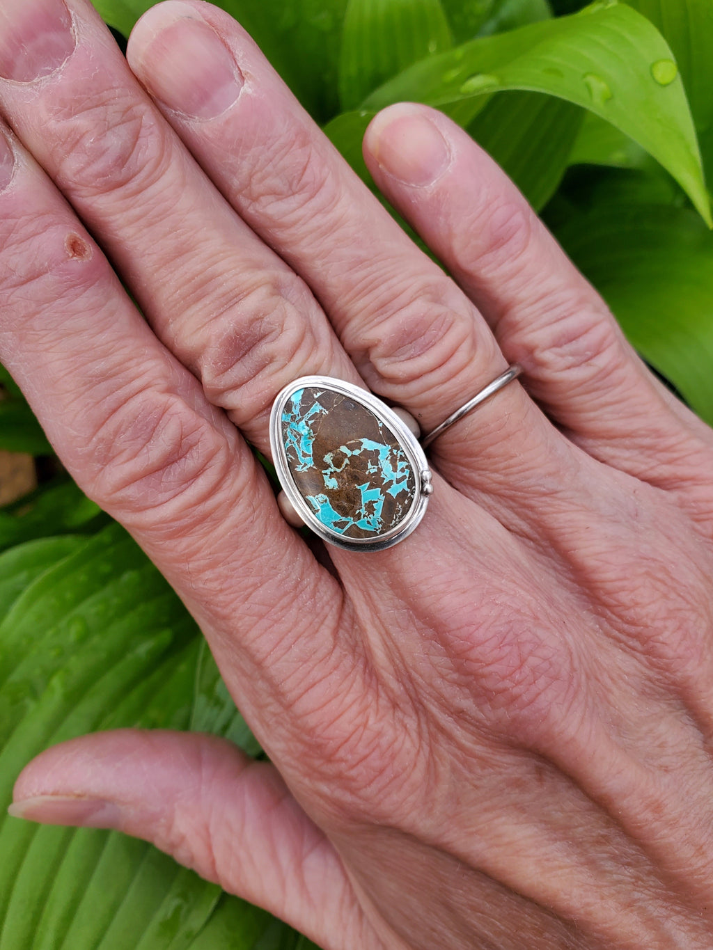 Thunderbird Turquoise Statement Ring in Solid Sterling Silver. Size 8