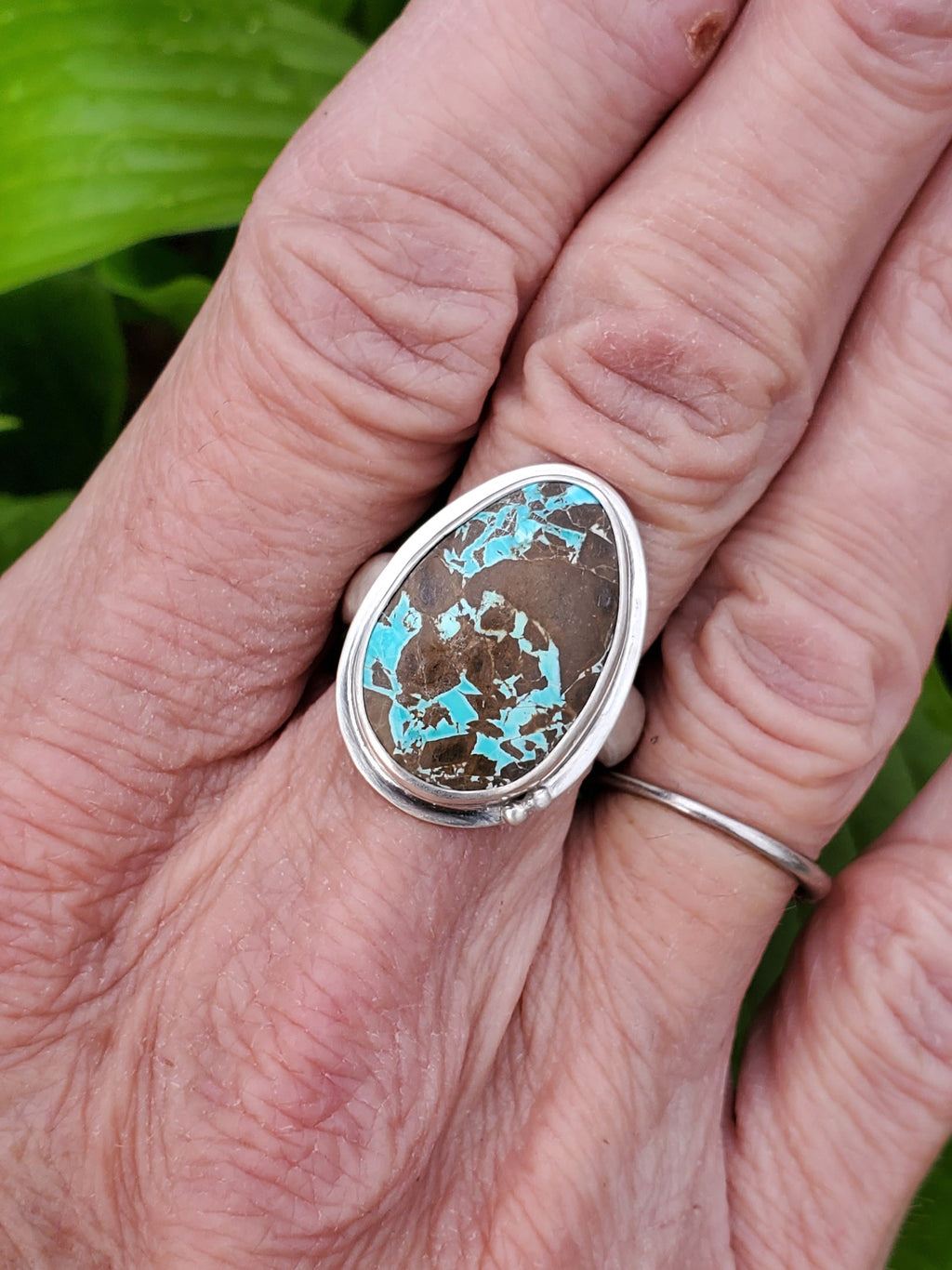 Thunderbird Turquoise Statement Ring in Solid Sterling Silver. Size 8