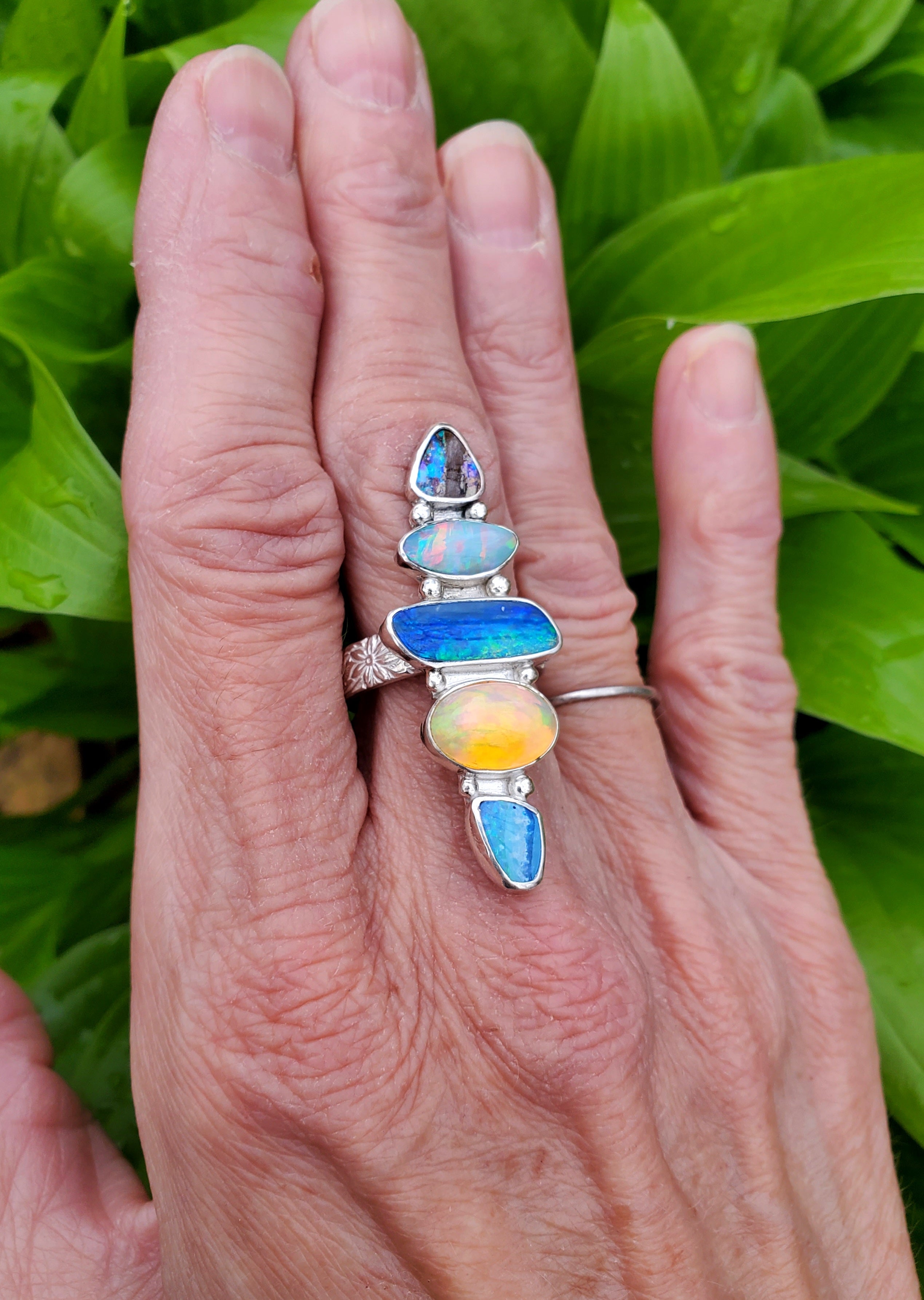 Stunning 5 Opal Australian Opal Sterling Silver Statement Ring. Size 8.