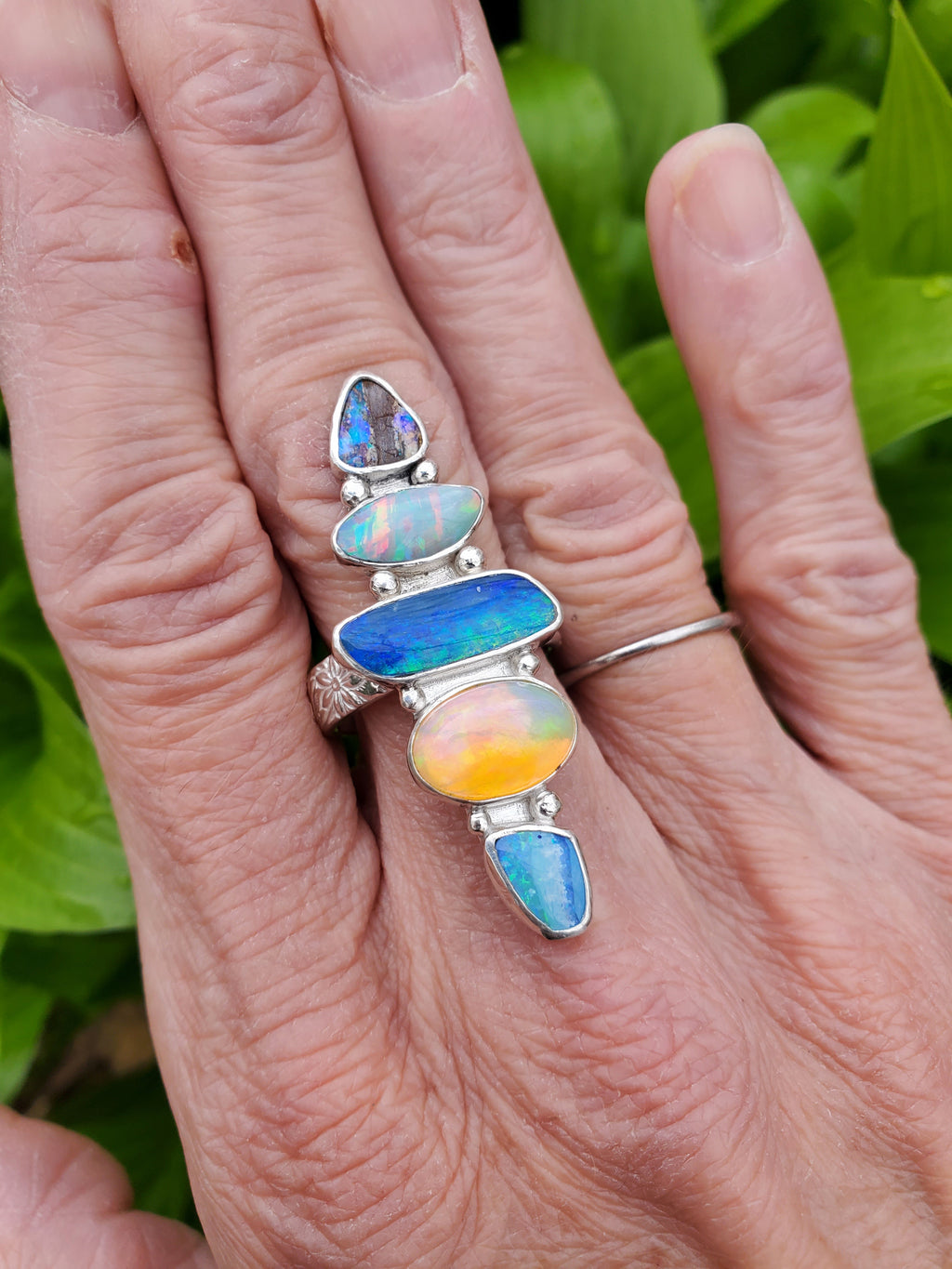 Stunning 5 Opal Australian Opal Sterling Silver Statement Ring. Size 8.